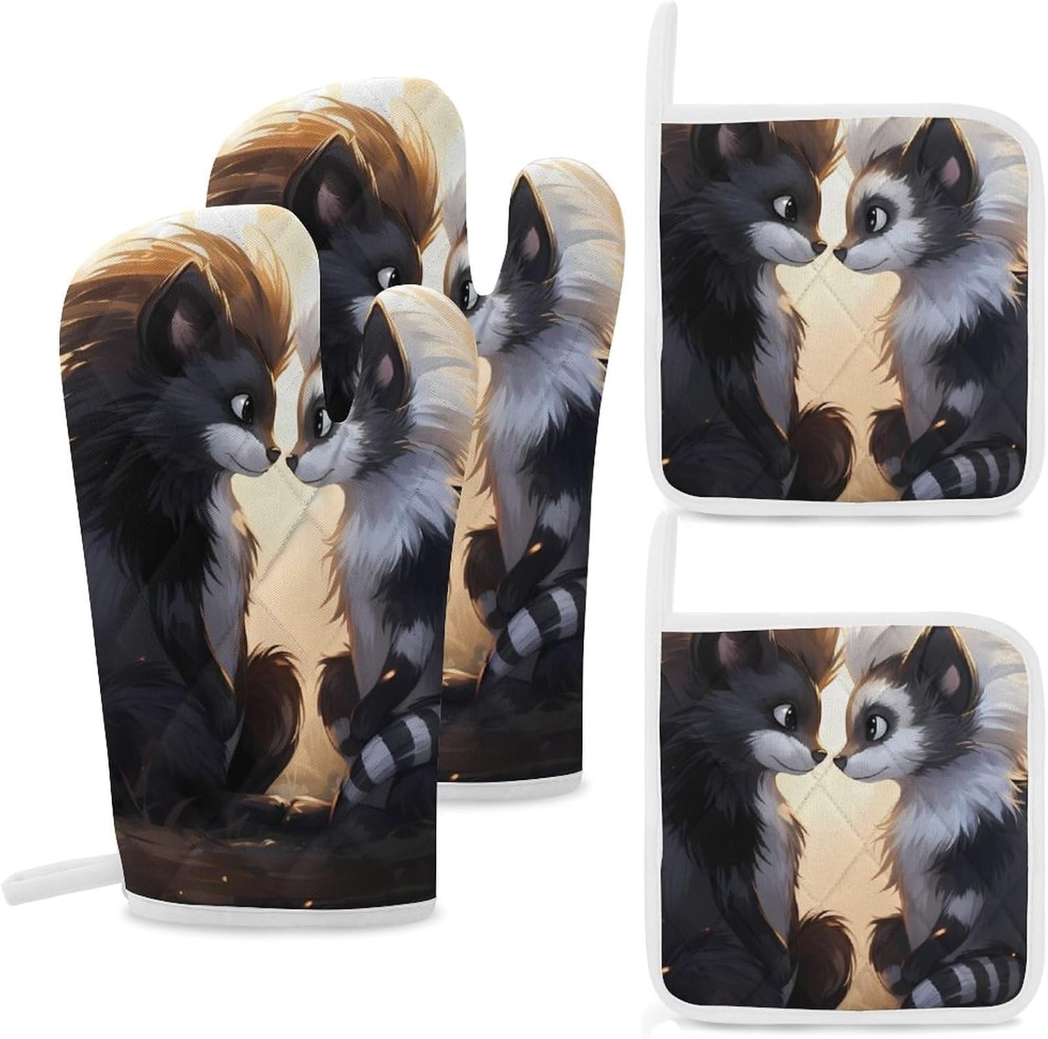 Skunks Love 4 Pcs Oven Mitts and Pot Holders Set High Heat Resistant Long Kitchen Oven Glove Potholders