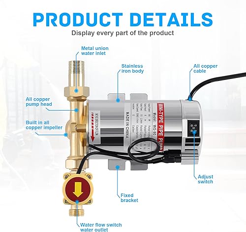 Miniatura 3 de Youwise Bomba de agua eléctrica de 110 V 90 W bomba de presión de agua de acero inoxidable y latón bomba automática de presión de agua y sistema de