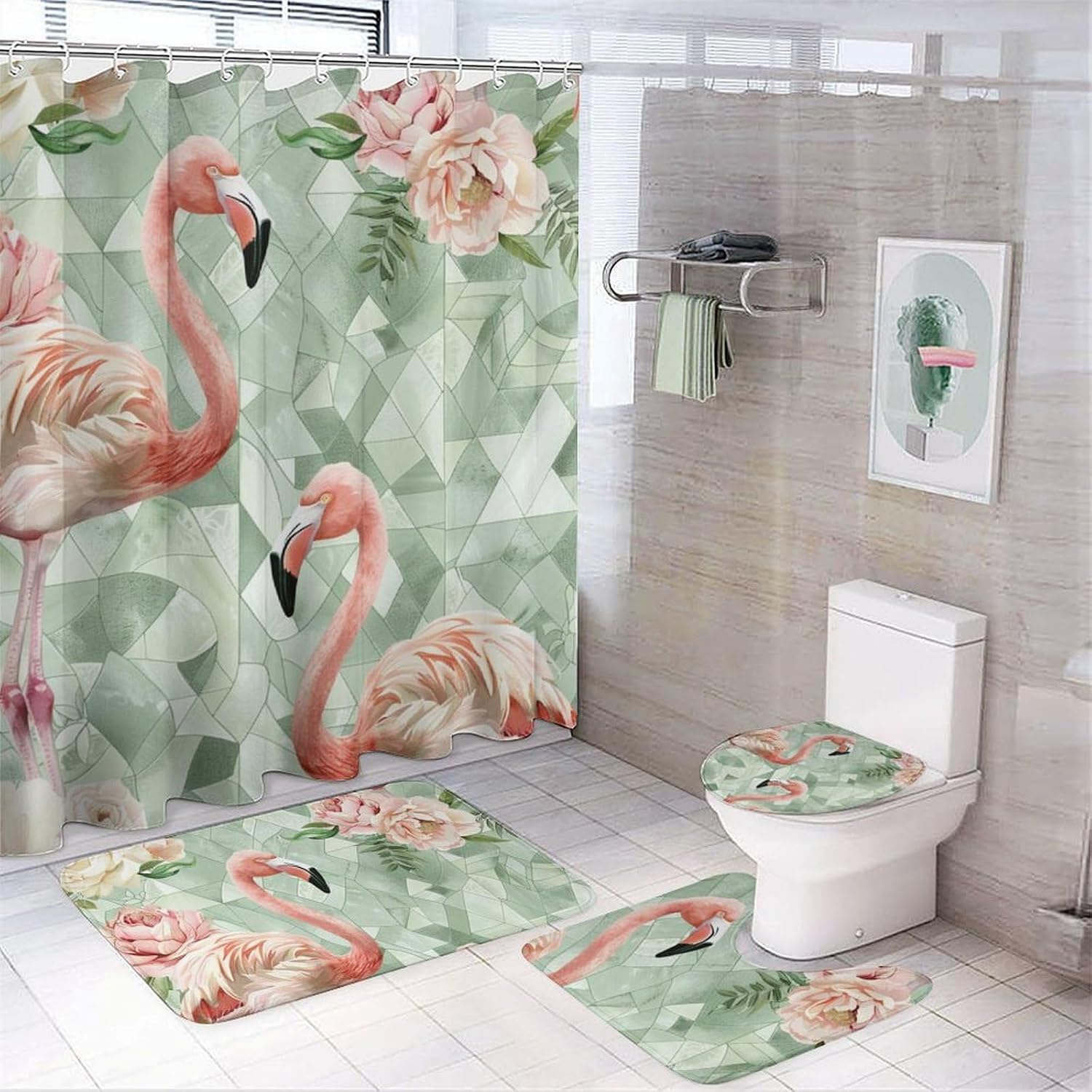 4Pcs Flamingo Marble Art Shower Curtain Set, Retro Rustic Bird Peony Floral Bathroom Decor Set with Rug Bathroom Accessory Bathroom Curtain Shower Set, 72" x 72"