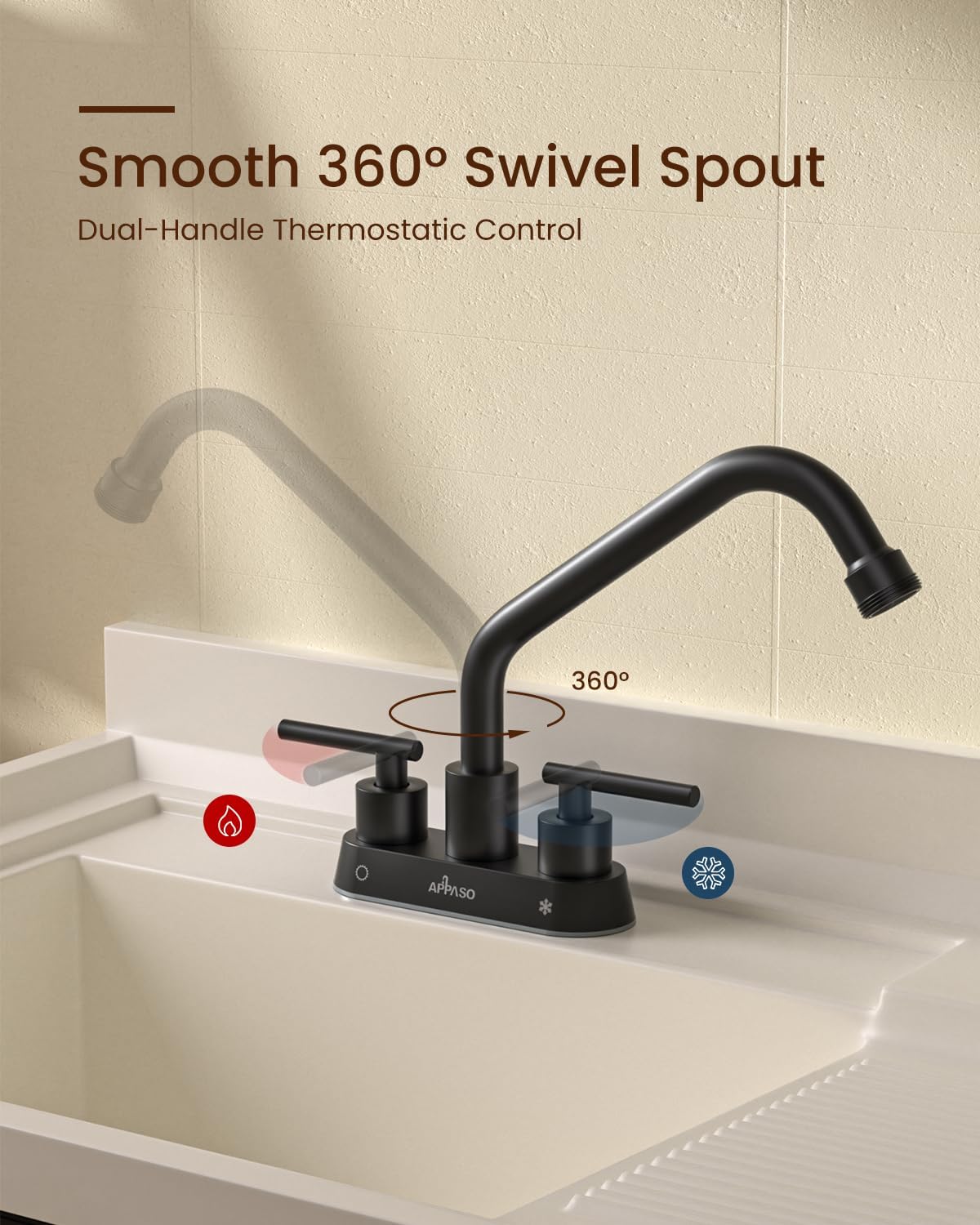 APPASO Laundry Sink Faucet, 4 Inch Centerest Laundry Faucets for Utility Sink, Utility Sink Faucet, NPT3/4 Thread End Spout for Garden, 2 Handle, Black Faucet for 2 or 3 Hole