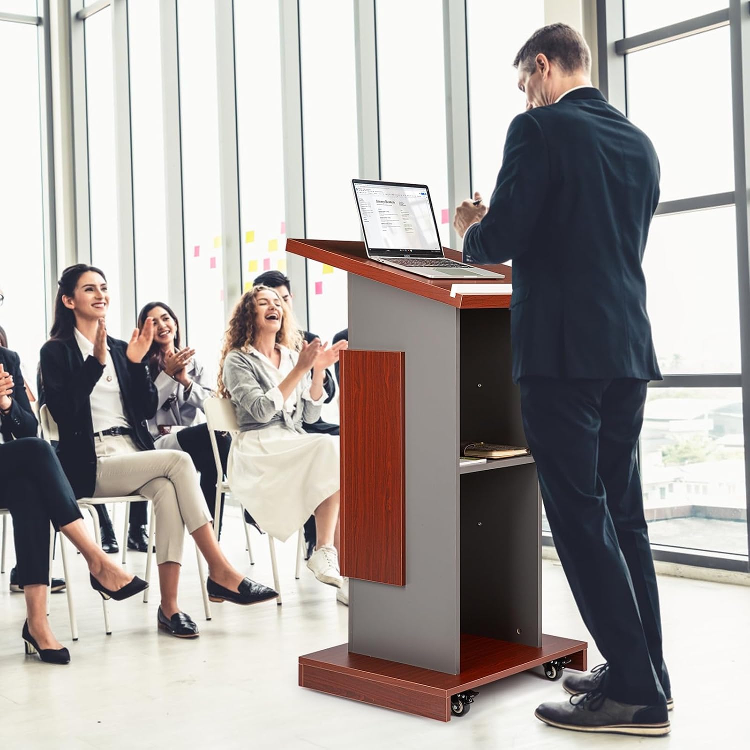 Office Conference Room Podium Table, Teacher Podium, Portable Mobile Podium with Locking Wheels and Adjustable Microphone Stand, Wooden Lecture Desk with Storage
