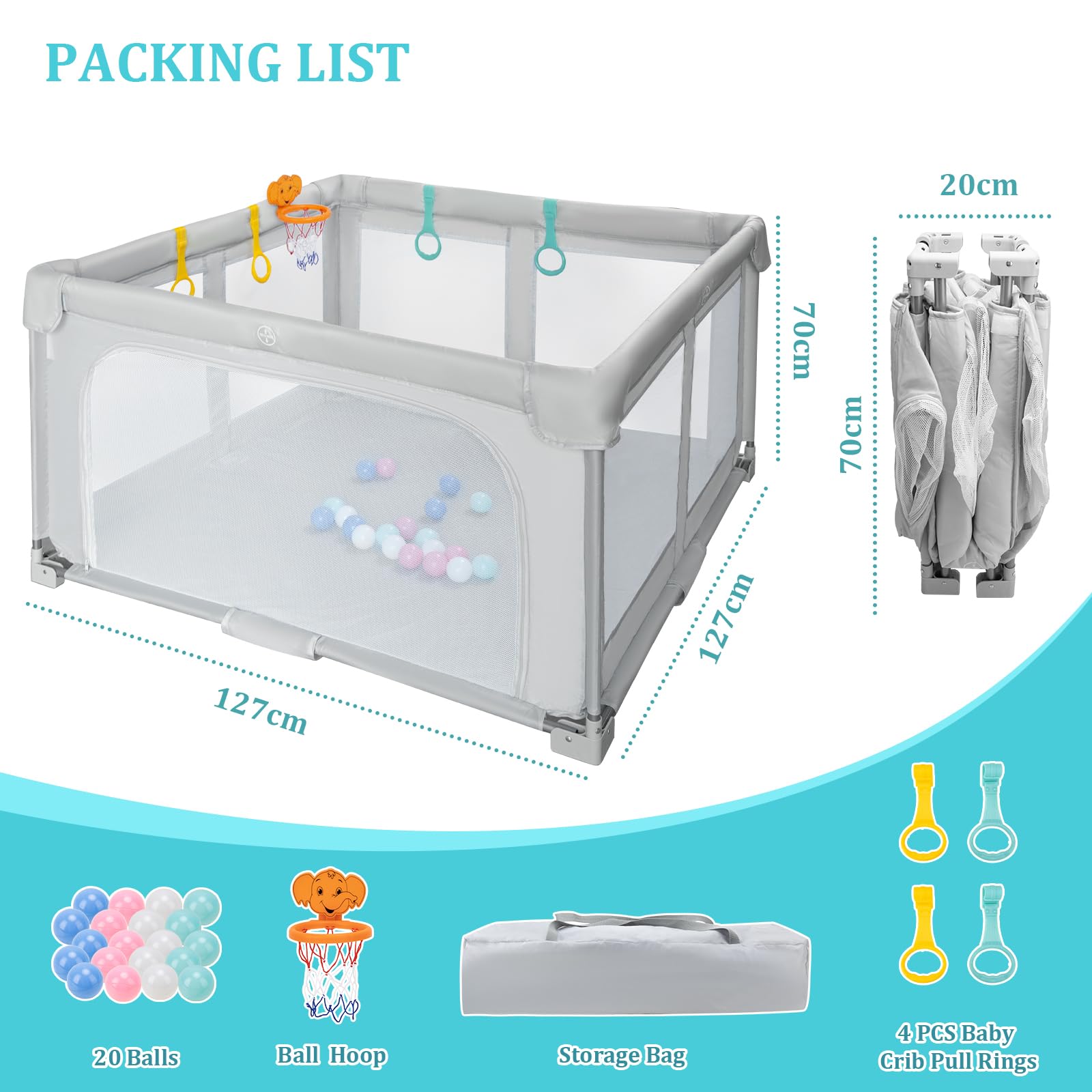Parc Bebe Pliable 127x127cm - Parc Bébé for Indoor & Outdoor Baby Playpen Avec Portable Avec Sac de Voyage, 20 Boules Océaniques et 4 Poignées