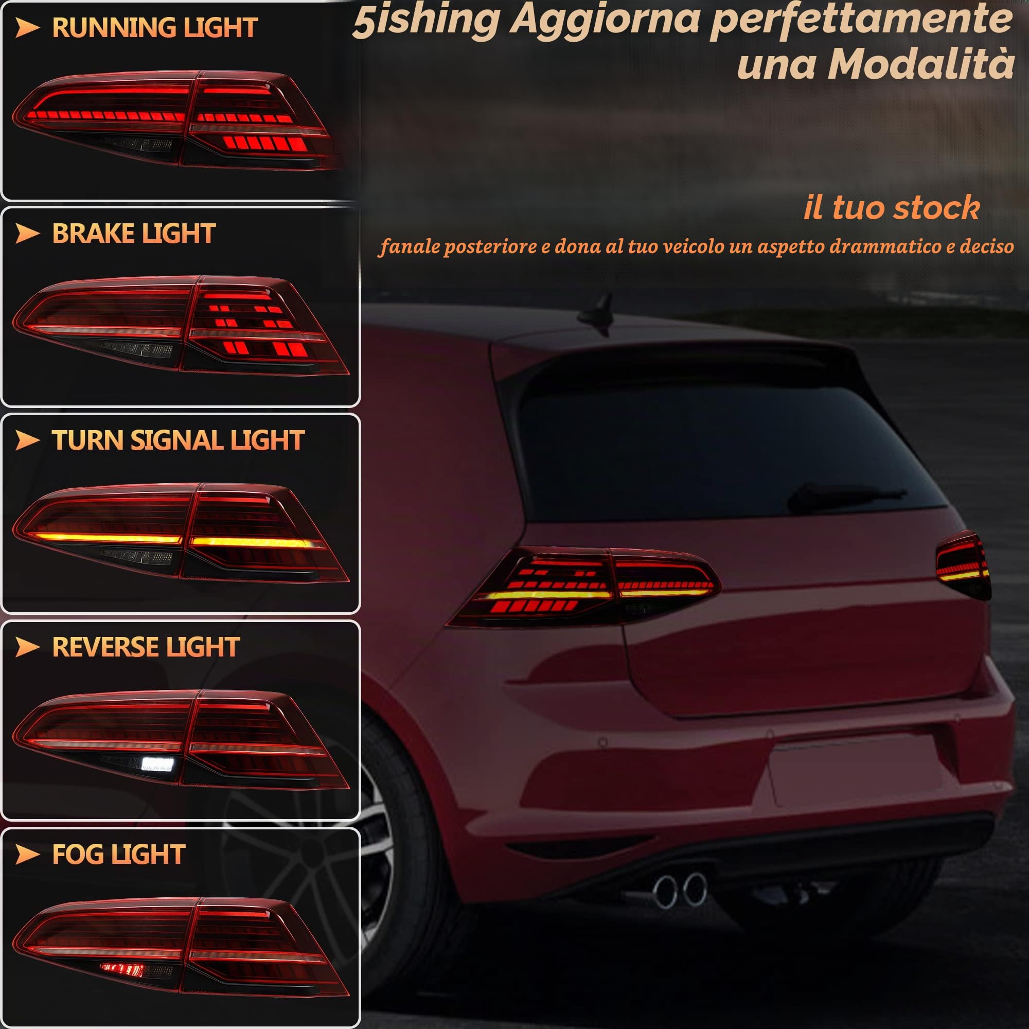 VLAND fanali posteriori compatibili con Golf 7 Golf 7.5 hatchback 2013-2020 [Non per Variant], con indicatori di direzione dinamici, 1 set (rosso)