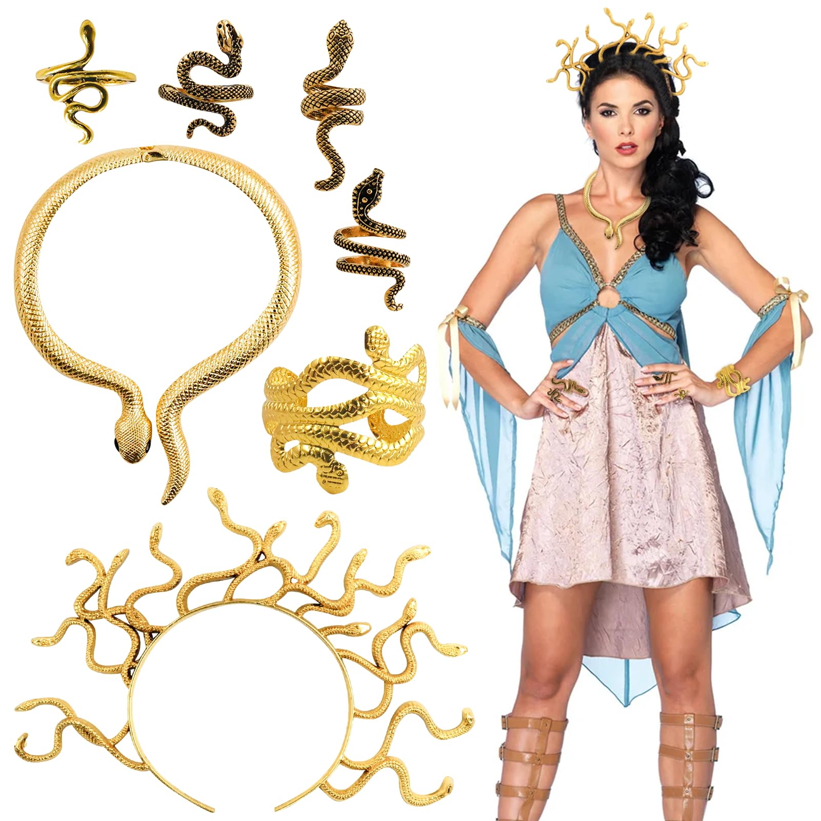 Set Accessori per Costumi Medusa,Cerchietto Serpente,Braccialetti,Anello,ecc,Accessori a Serpente,per Donna Ragazza Carnevale Halloween Cosplay