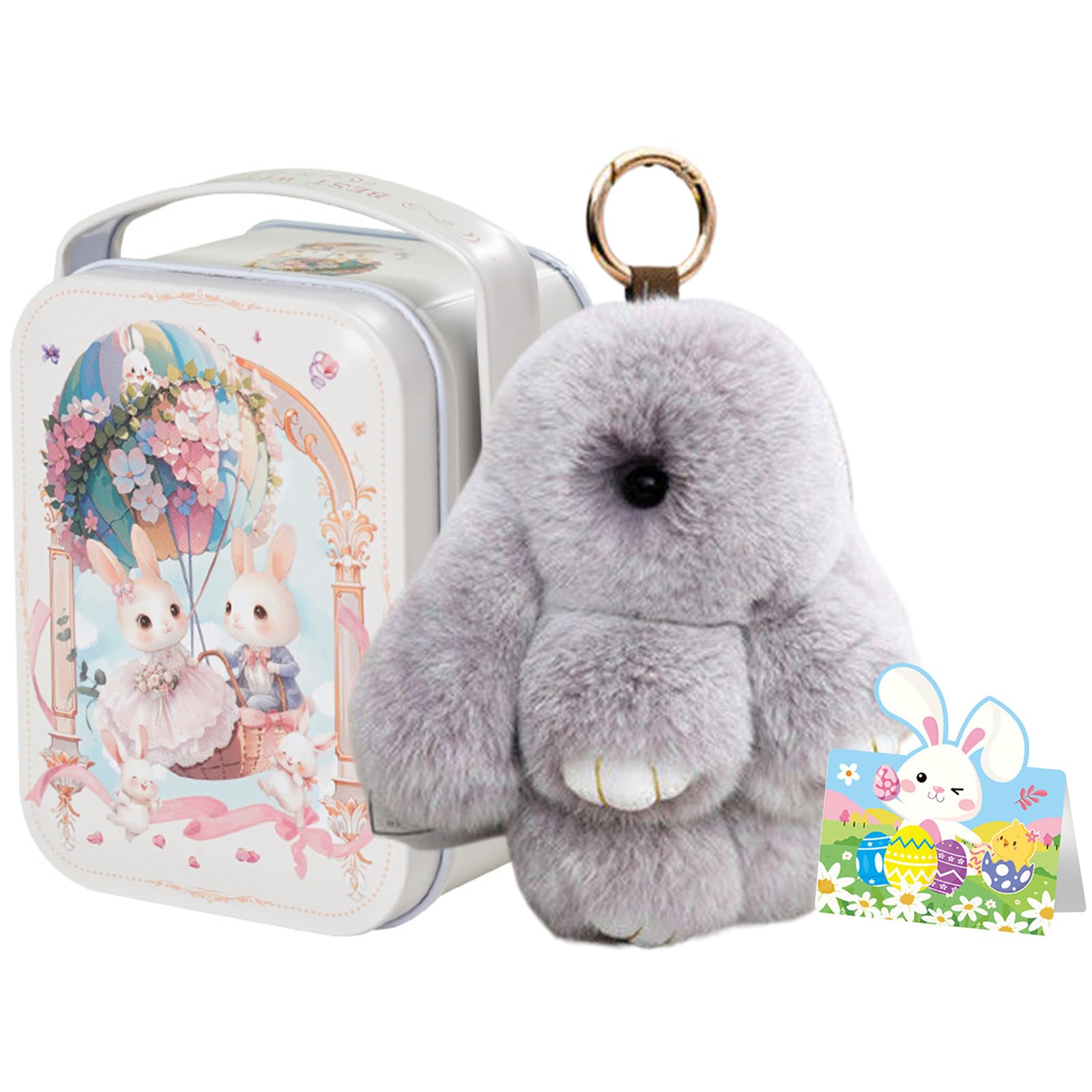 Little Pocket Bunny in A Tin: Charming Keychain Bunny Hugs in A Box, Plush Bunnies Keyring Easter Gifts For Kids Adults, Handmade Rabbit Pocket Box Stuffed Animal Doll For Easter Home Decor