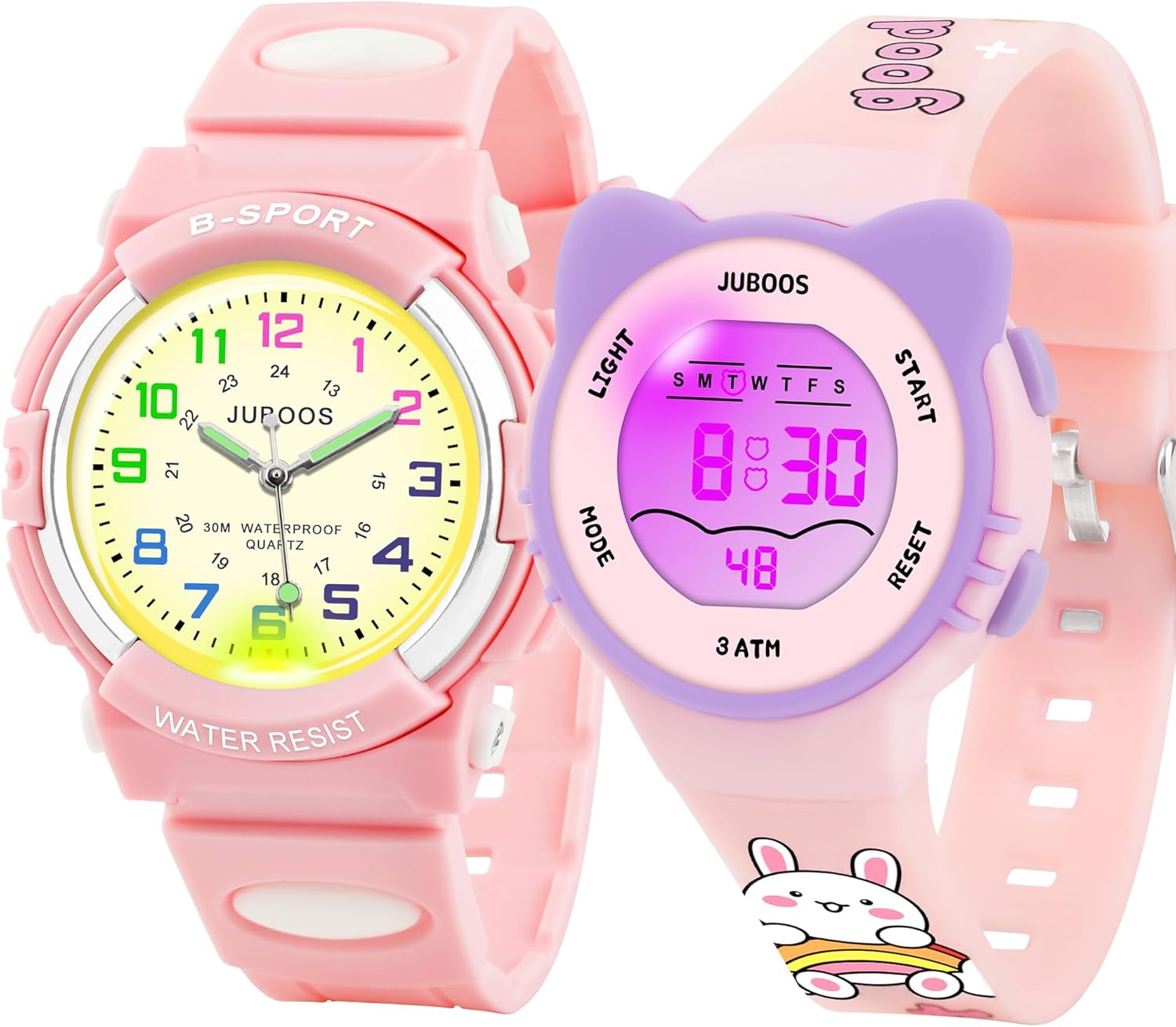 Juboos 2PCS Kids Watch with 7 Colorful Night Lights Boys Girls Waterproof Soft Strap Kids Time Teaching Wristwatch