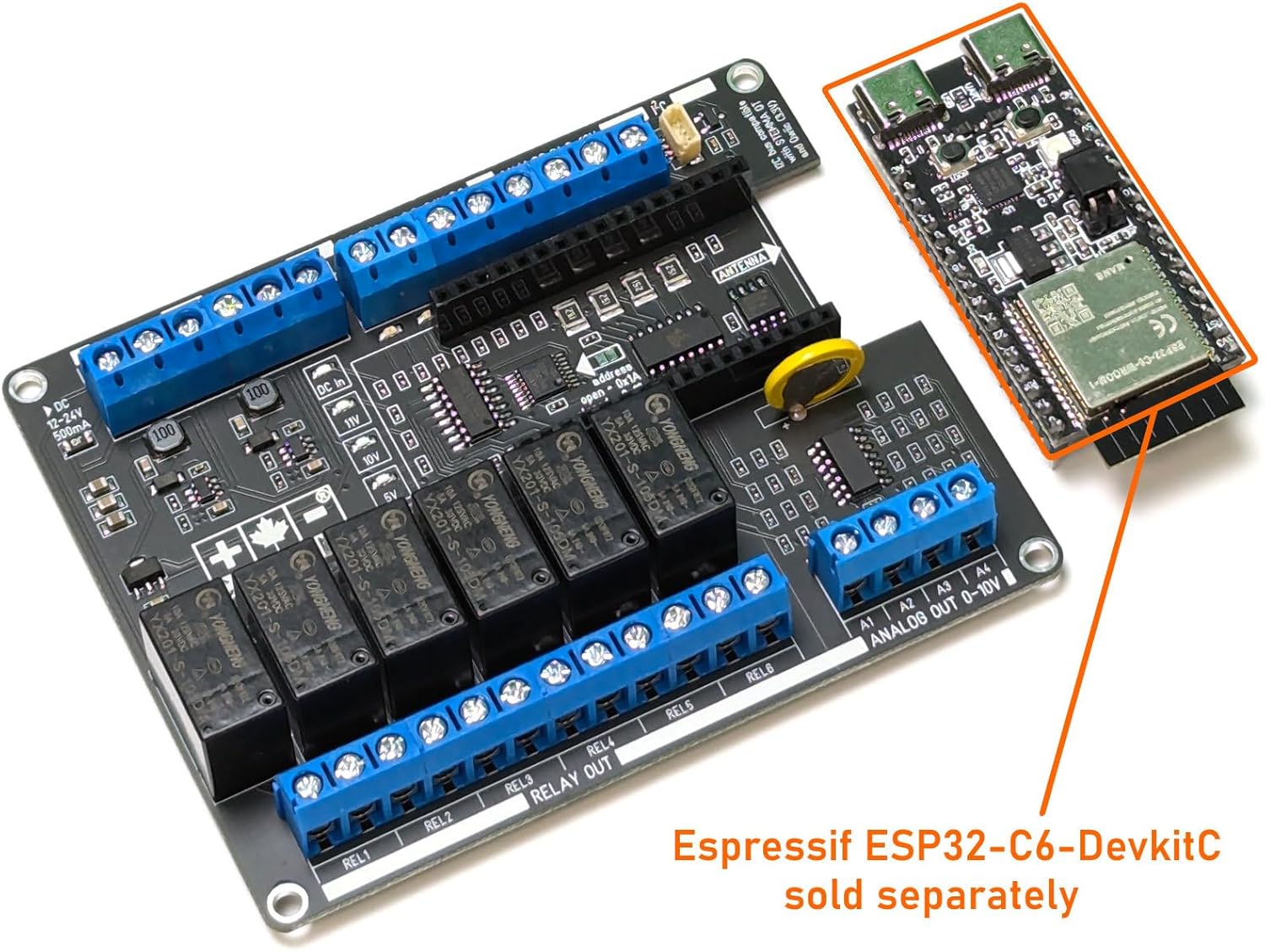 CANADUINO® ESP32 PLC-100 for Espressif ESP32-C6-DevKitC, Compatible with Arduino - Made in Canada (USMCA Complaint = no tariffs for US customers)