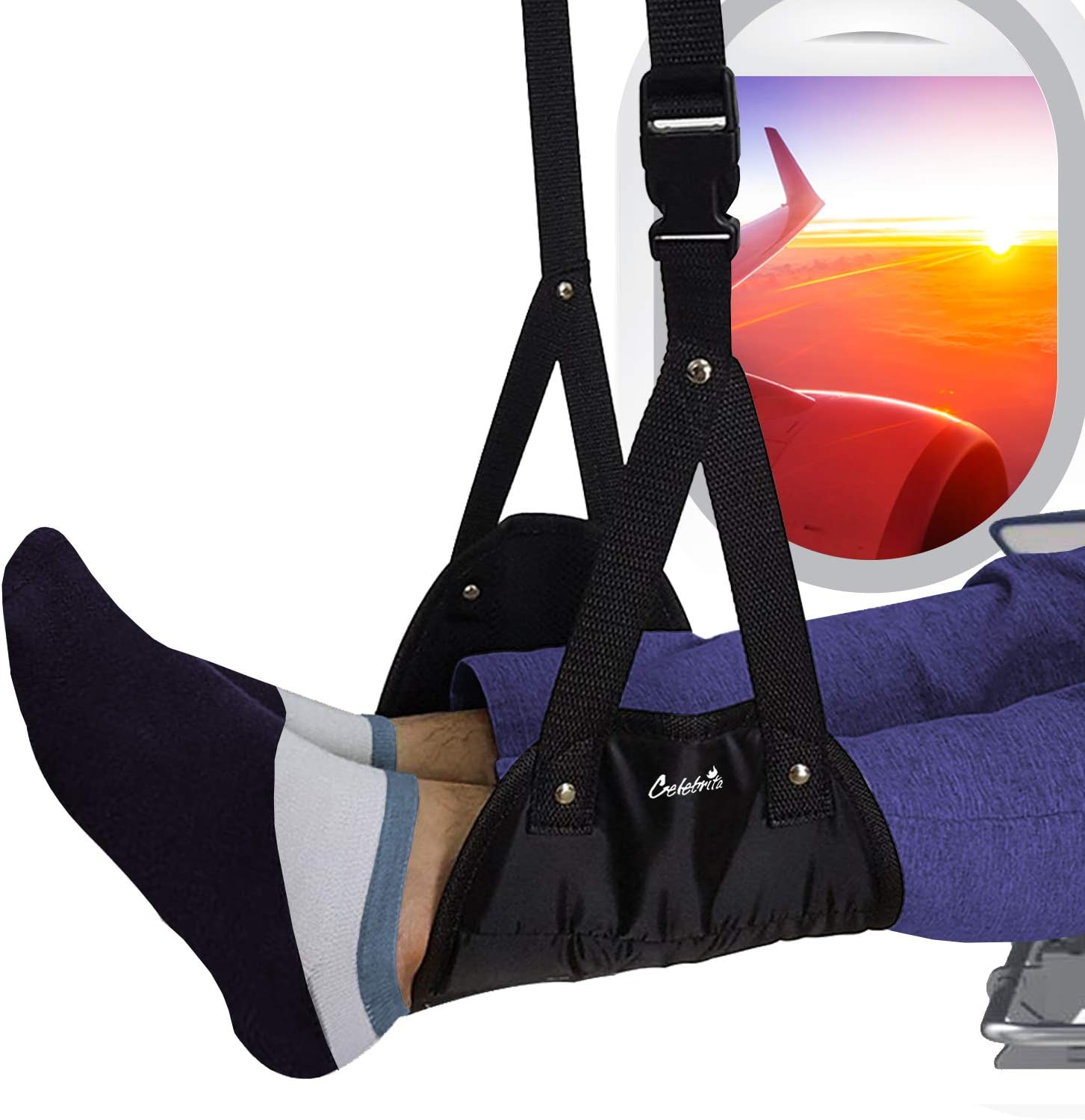 Foam Airplane Footrest Hammock, Portable Adjustable Leg Rest for Plane/Office/Home, Black