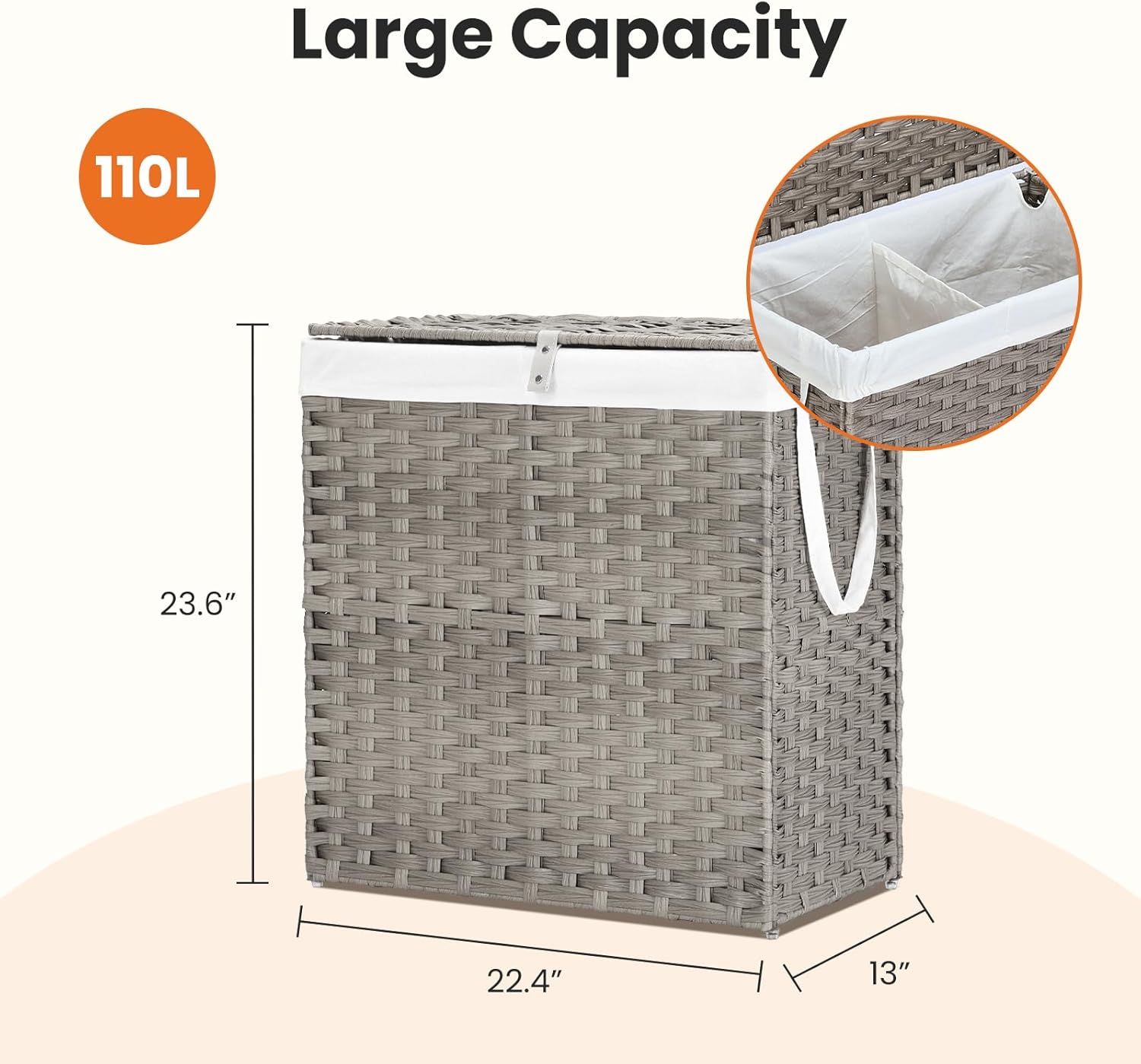 DUMOS Woven Laundry Basket with Lid, 110L Large Capacity Hamper, Removable & Machine-Washable Liner, Foldable Rattan Clothes Hamper, Sturdy Steel Frame, Odor Control, Dove Gray