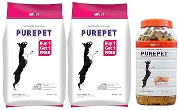 Purepet Chicken and Milk Adult Dry Food, 1.1 kg (Buy 1 Get 1 Free) & Purepet Chicken Flavour, Real Chicken Biscuit, Dog Treats- Jar, 455g