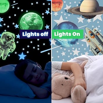 Glow in The Dark Stars and Planets, Bright Solar System Wall Stickers - USA Astronaut Spaceship, Ceiling Decals for Kids Bedroom Any Room, Shining Space Decoration, Birthday Gift for Boys and Girls