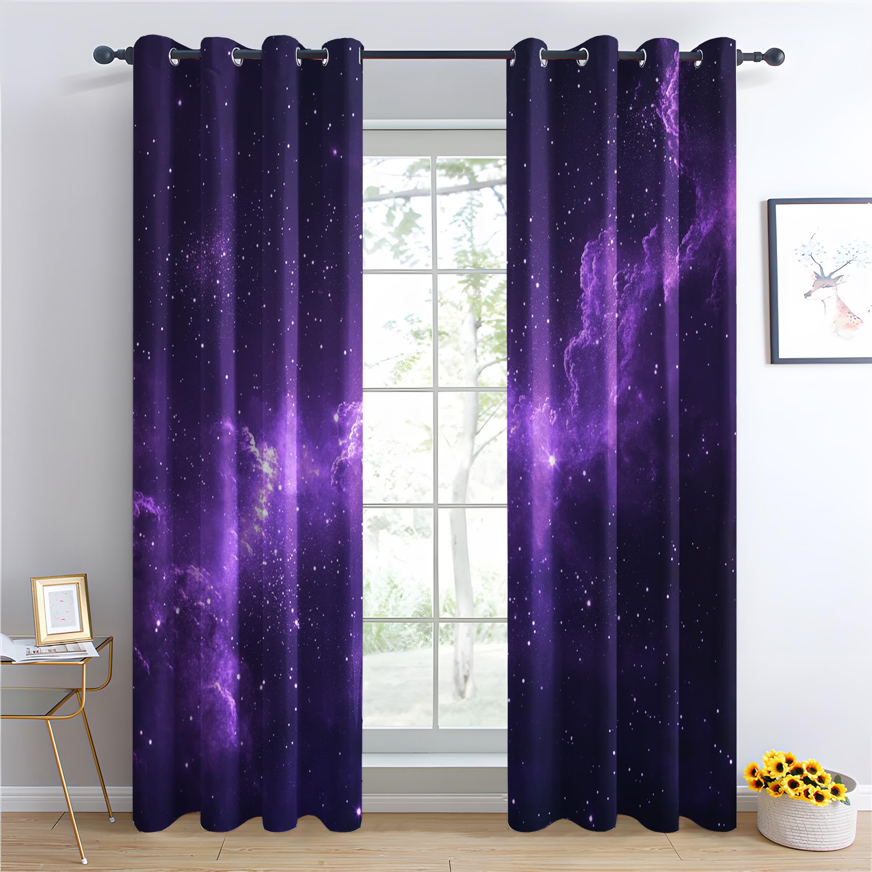 Weltraum Vorhänge Galaxie Lila Fantasie Sternenhimmel Vorhang Blickdicht mit Ösen, Verdunkelungsvorhang Gardinen für Schlafzimmer Wohnzimmer Fenster Deko, Blackout Curtain 2er Set H 245 x B 140 cm