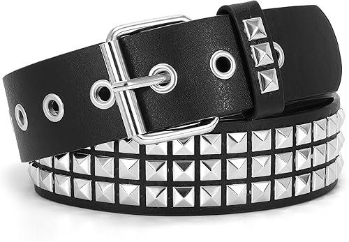 WHIPPY Mujeres Hombres Remache Cinturón Pyramid Square Bead PU Cuero Punk Rock Ojal Cinturón para Jeans