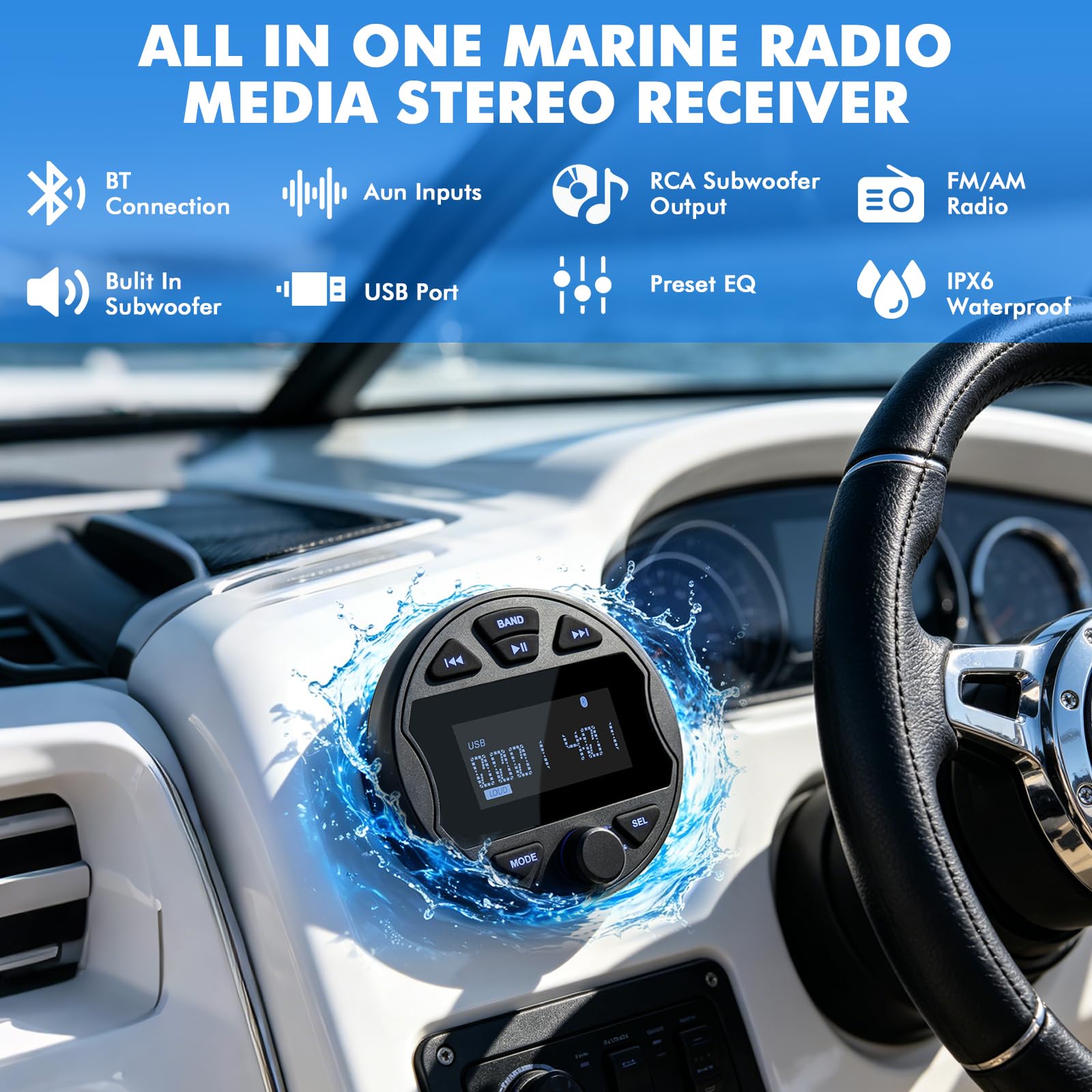 Marine Radio Subwoofer Boot Stereo MP3 mit BT-Streaming, FM/AM, USB, IPX6 wasserdicht für Boote, Yachten und Fachgebrauch – klarer Klang für Bootsbesitzer und Wassersportler