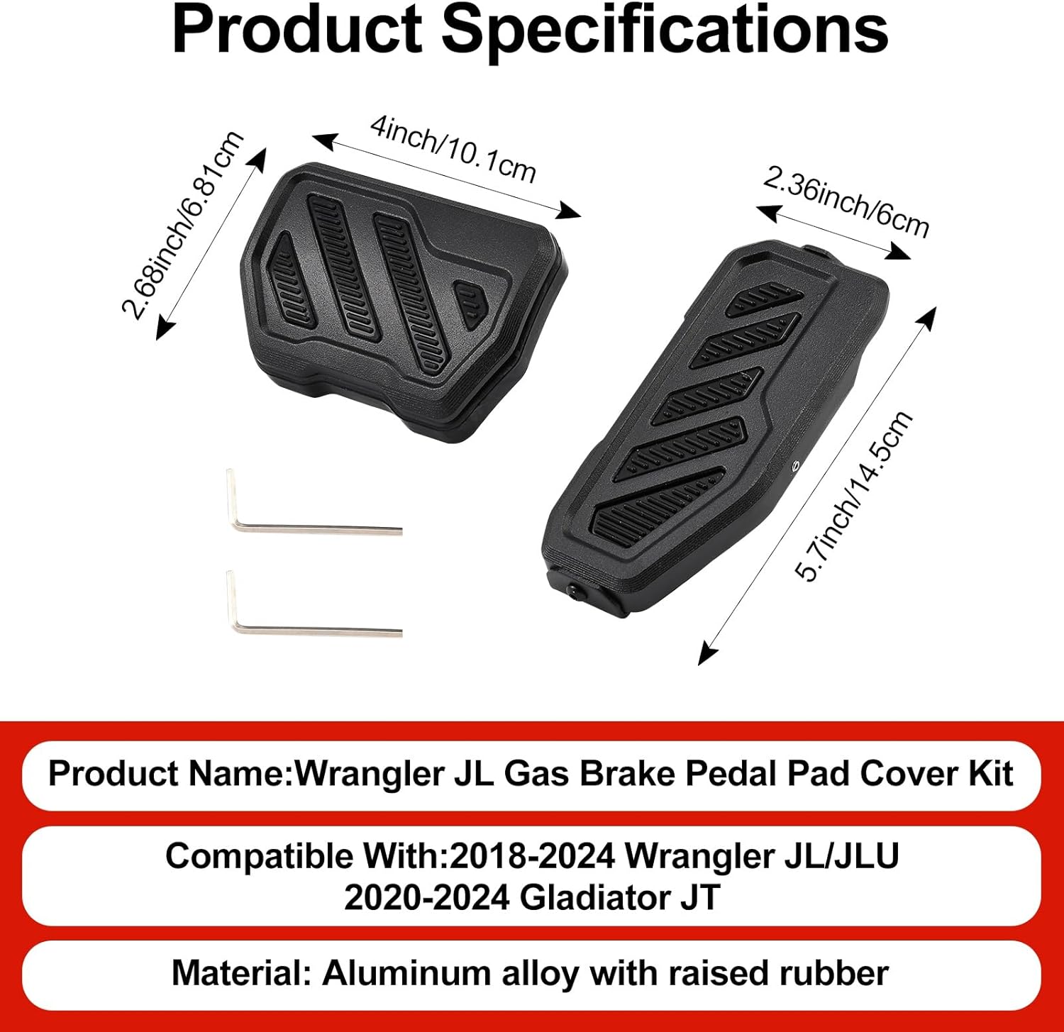 Anti-Slip Gas Brake Pedal Covers Kit for 2018-2024 Wrangler JL/JLU & 2020-2024 Gladiator JT, Aluminum Car Pedal Covers with Enhanced Grip, No Drilling Car Interior Replacement Accessories