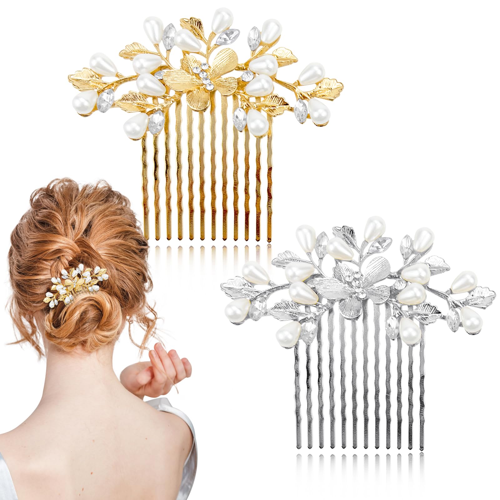 2PCS Bride Wedding Bridal Hairpin Comb,Pearl Butterfly Leaves Hair Pins Accessories,Vintage Golden Leaf Hairpin,Bridal Hair Clips for Women and Girls (Gold+Silver)