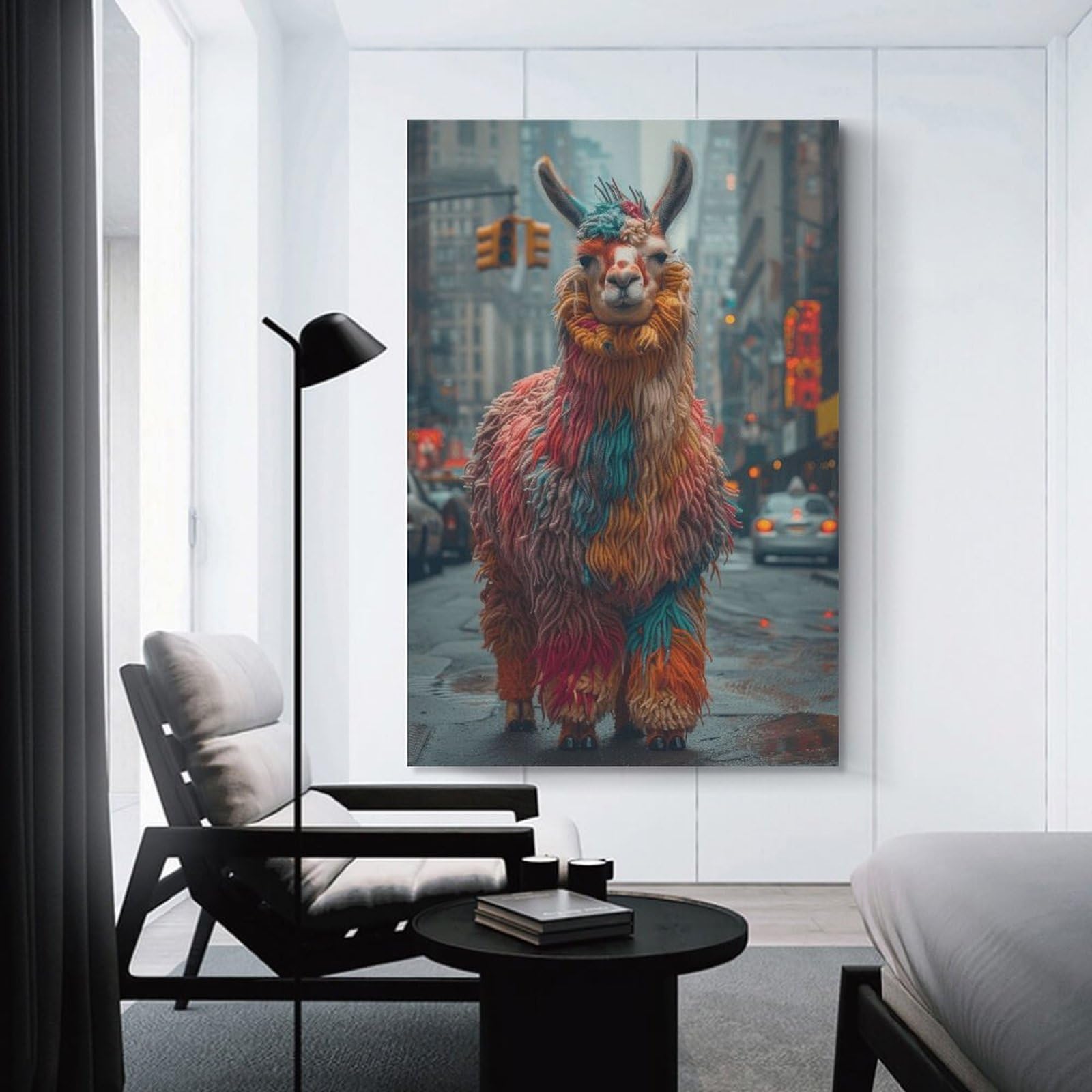 Junmoney Unframe-Style-7 Colorful Llama In City Canvas Wall Art 12X18inch(30X45cm), For Workspace Walls, Study Corners Or Bedrooms, Wall Art That Adds Style To Work Areas