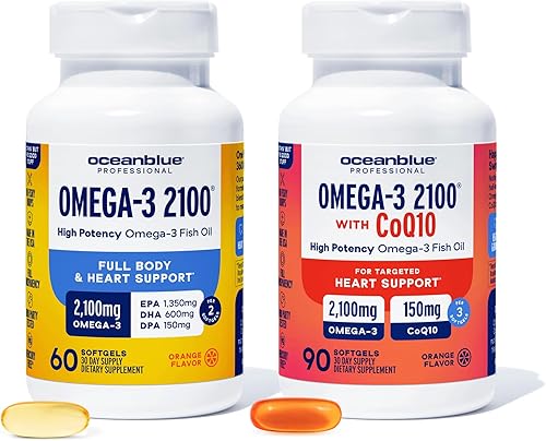 Oceanblue Paquete Omega-3 2100 – CoQ10 90ct + Triple Fuerza 60ct – EPA de alta potencia, DHA y DPA – Apoyo al corazón y al cerebro – Sabor naranja,