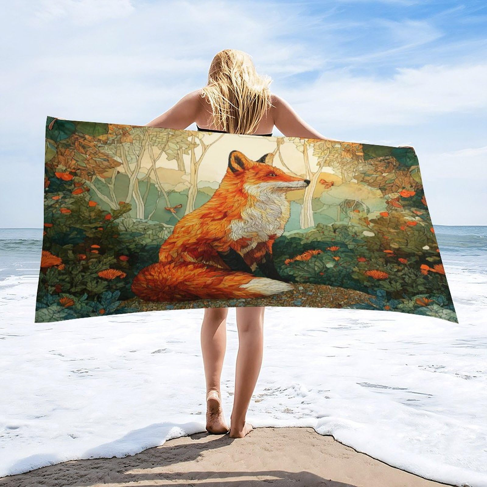 Luyysky Rustic Realistic Animal Fox Absorbent Beach Towel, Classic Oil Painting Autumn Forest Hunting Theme Wildlife Fox Outdoor Single-Sided Velvet Beach Towel-80 W Cm X 160" L Cm