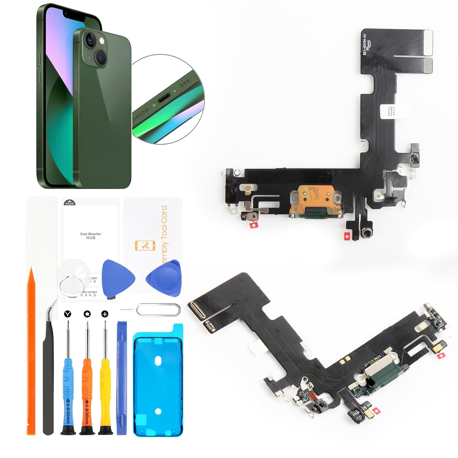 for iPhone 13 Lightning Charging Port Replacement USB Dock Connector Flex Cable Assembly Includes Waterproof Tape & Tool Kit for A2633 A2482 A2631 A2634 A2635 (Green)