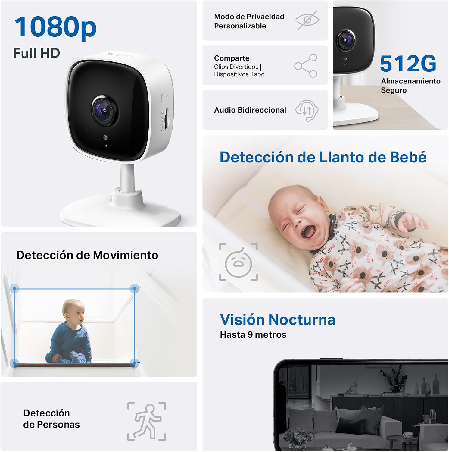 Tapo C100 – Cámara de vigilancia Wi-Fi de Interior 1080P, para bebés y Mascotas, visión Nocturna, detección de Movimiento, Audio bidireccional, Almacenamiento en SD, Compatible con Alexa 3