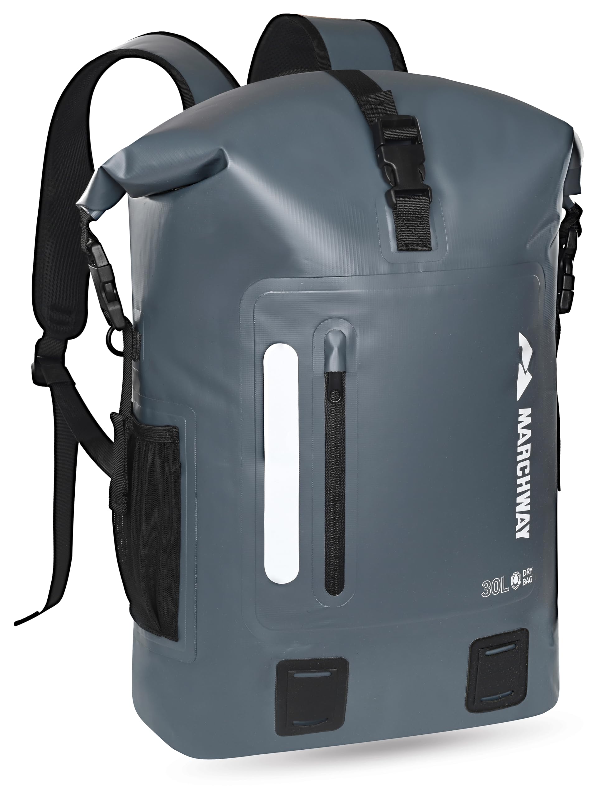 MARCHWAY Roll Top Waterproof Backpack, Floating Dry Bag 20L/30L/45L with Ergonomic Rectangular Base, Cushioned Back, Hip Strap, Gear Loops, MOLLE for Hiking Camping Kayaking Travel (Grey, 30L)
