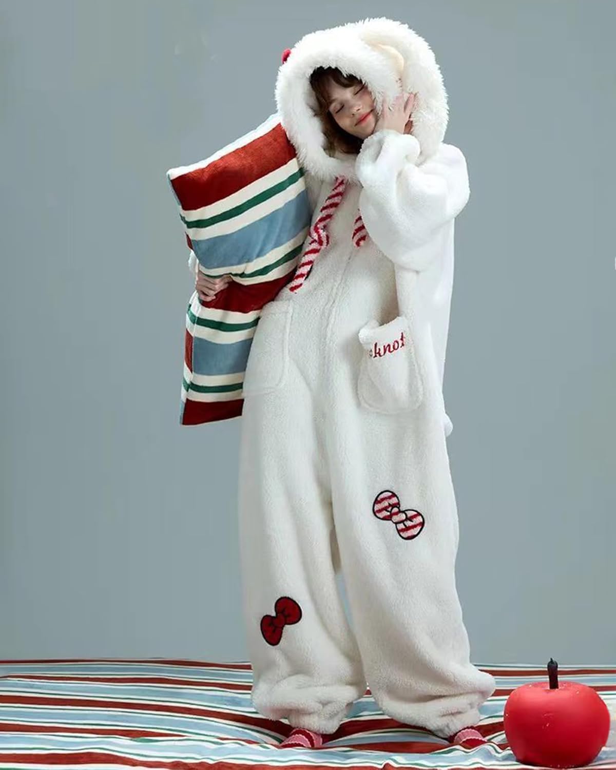 Furry Bunny Bow Blanket Onesie Pajamas Flannel Rabbit Wearable Blankets Hoodie Oversized Animal Sleeping Bag for Adult Kids - Image 3