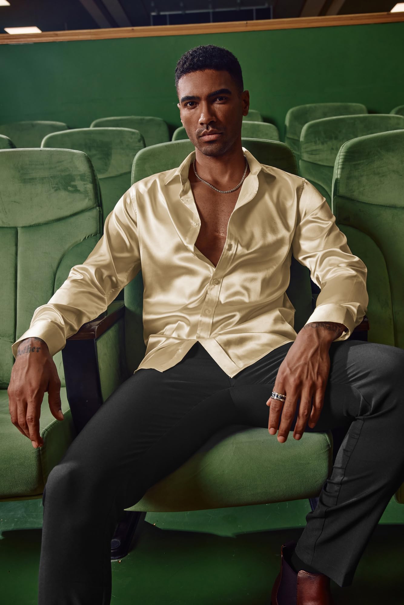 PaulJones Camisa de negocios para hombre, manga larga, sin planchado, satén, fiesta, boda, camisa con pajarita a juego | Camisas de esmoquin de seda para hombre, camisas de lujo con botones para boda, fiesta, discoteca, graduación, lentejuelas