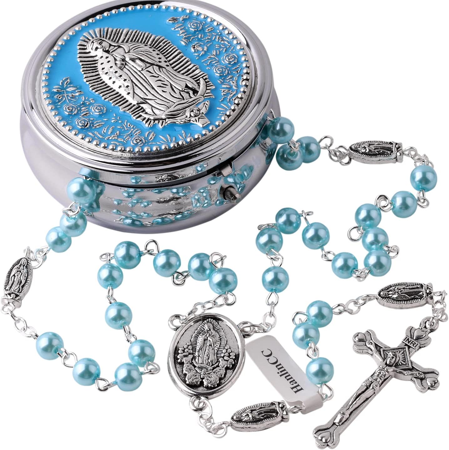 HanlinCC 6mm Glass Pearl Beads Catholic Our Lady of Guadalupe Rosary Necklace for Women and Men with Virgin Mary Center Piece and Crucifix with Metal Gift Box