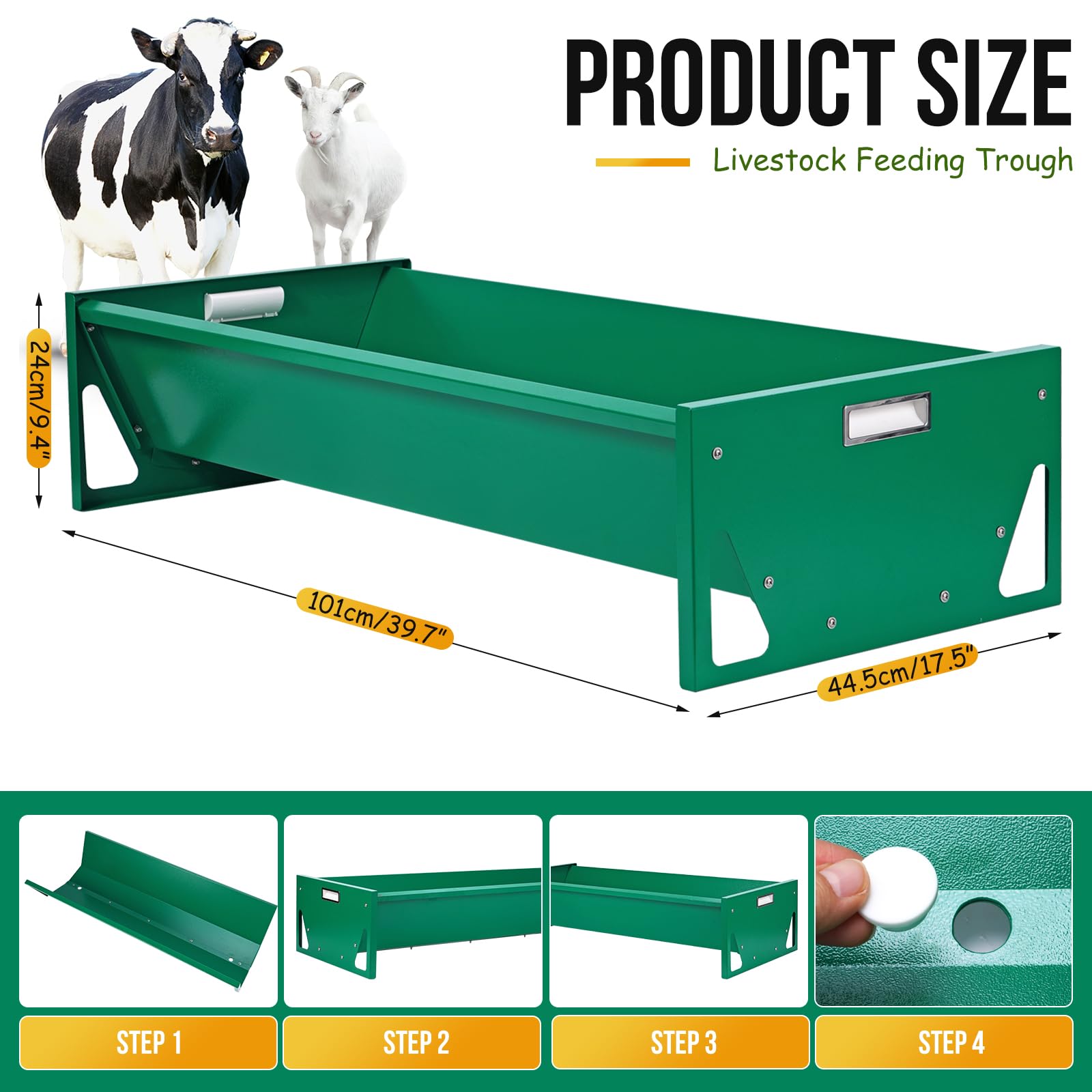 Mangeoire pour ChèVres, 100 Cm Mangeoire en Acier Galvanisé pour BéTail, Mangeoire Portable de Grande Capacité pour Fermes, Alpagas, ChèVres, Veaux, Moutons, Chevaux, Cerfs (Vert Foncé)