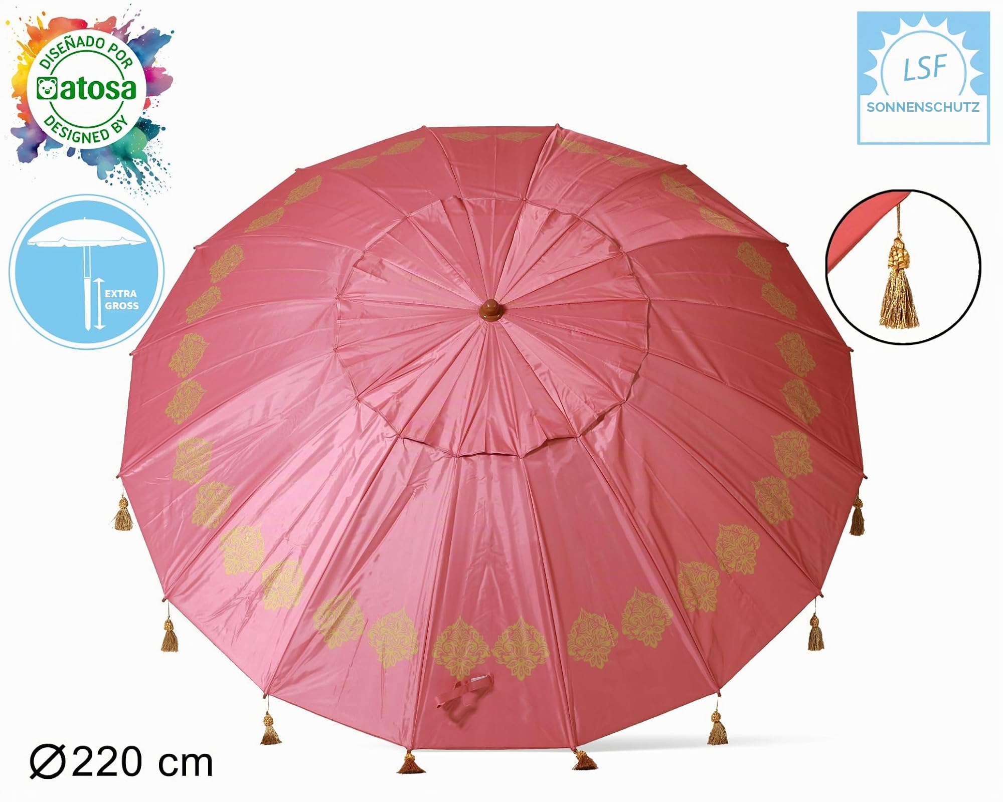 Atosa Strandschirm, Ø 220 cm, neigbar, aus Aluminium, Modell mit Tragetasche und Sonnenschutz UPF 50+, Rosa, 220 cm