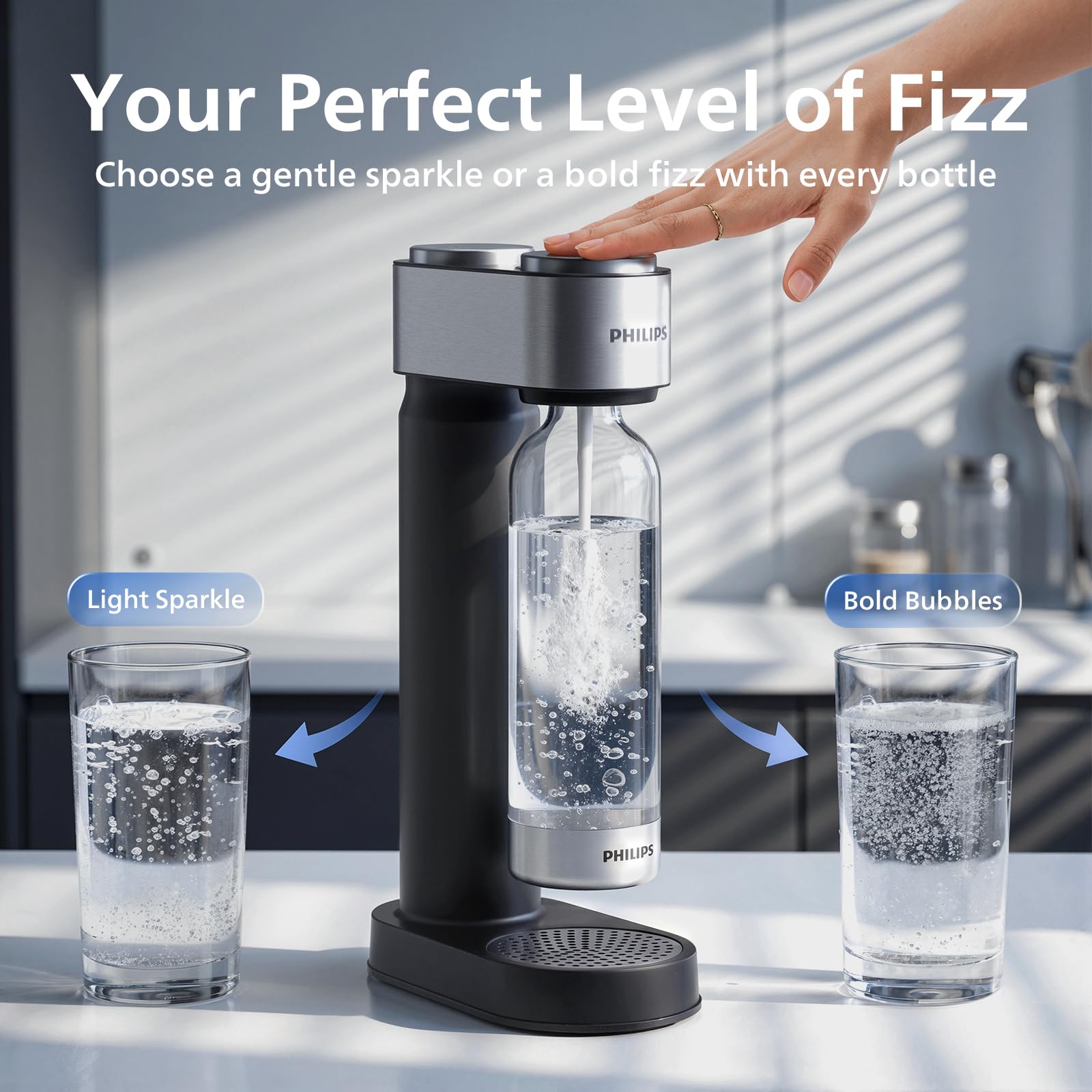 Philips Machine à eau pétillante en acier inoxydable pour la maison avec bouteille de gazéification en PET sans BPA de 1 L, compatible avec n'importe quel gazéificateur de CO2 à visser de 60 L (non