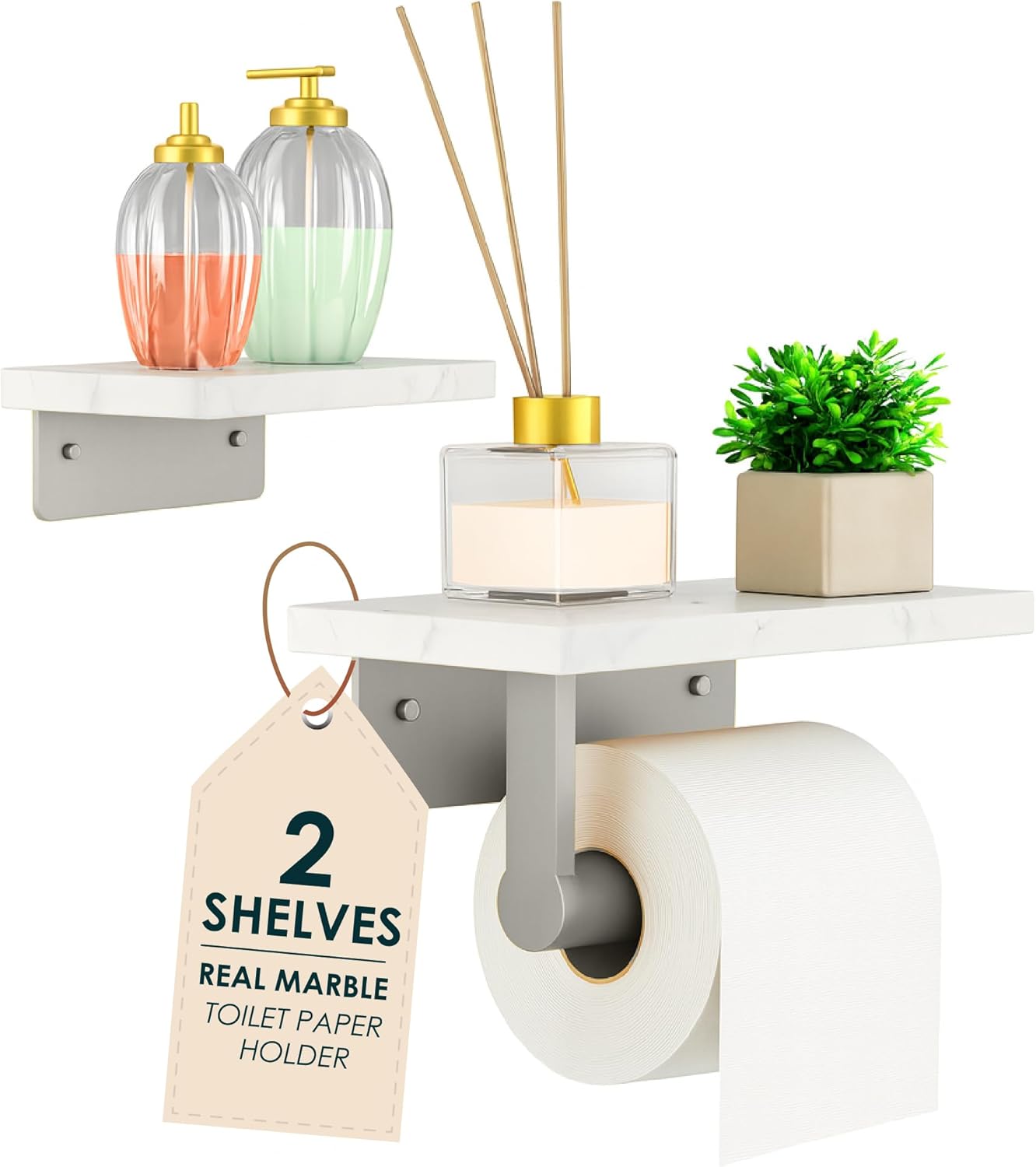 Toilet Paper Holder Wall - 2 Shelves - Heavy Marble & Silver - Satin Nickel - Bathroom Toilet Paper Holder Wall Mount for Easy Access and Storage