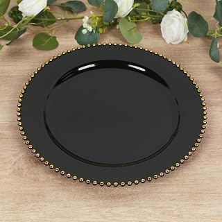 Efavormart 10-Pack Economy Plastic Charger Plates 13" Round Black with Gold Beaded Rim - Stylish Dinner Party Serving Plates