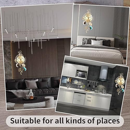 Miniatura 9 de FILLOVE Elegante reloj de pared de metal con esfera redonda silenciosa y hojas doradas y azules, moderno reloj de pared de metal silencioso que no