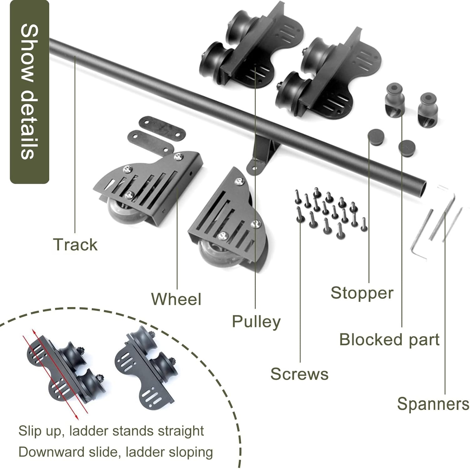 3.3ft-20ft Retractable Rolling Library Ladder Hardware Kit, Sliding Ladder Kit for Home Loft Office with Floor Roller Wheels (No Ladder) (Size : 6.6ft/200cm Track Kit)