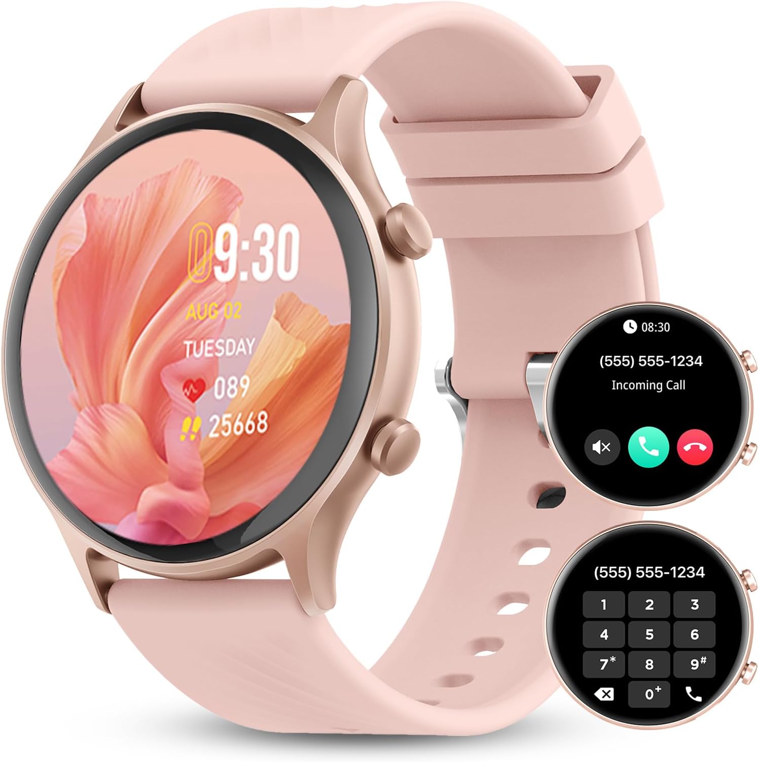 WalkerFit Smart Watches for Men(Answer/Make Calls) Waterproof Fitness Watch with Pedometer, Heart Rate MonitorRound Smart Watches for Women, Compatible with iPhone Android Phones, Pink