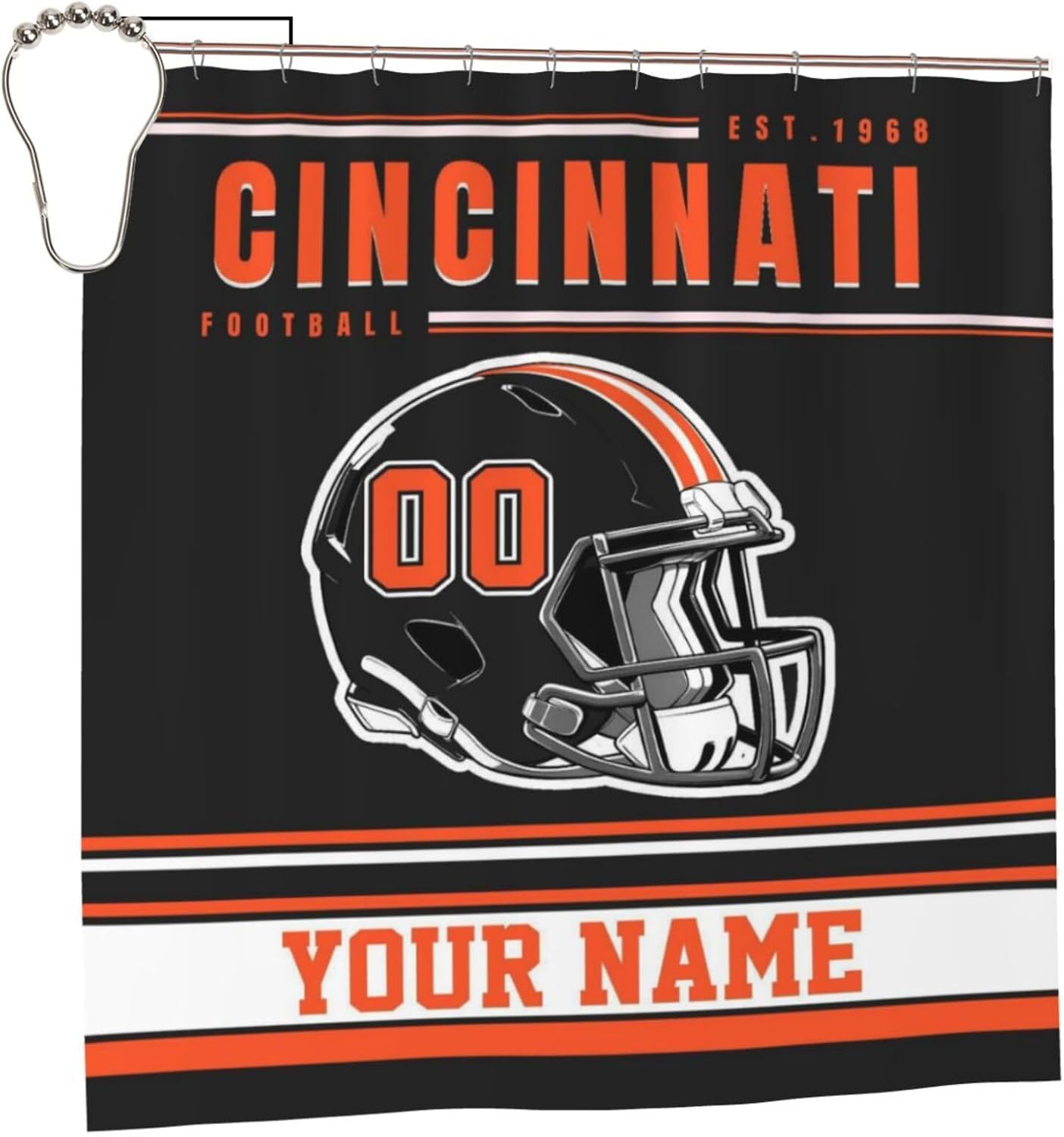 Custom Cincinnati Shower Curtain with Hooks Personalized Football Style with Name Number Customized City Sport Bath Curtain Bathroom Decoration Gift for Fans Men Women