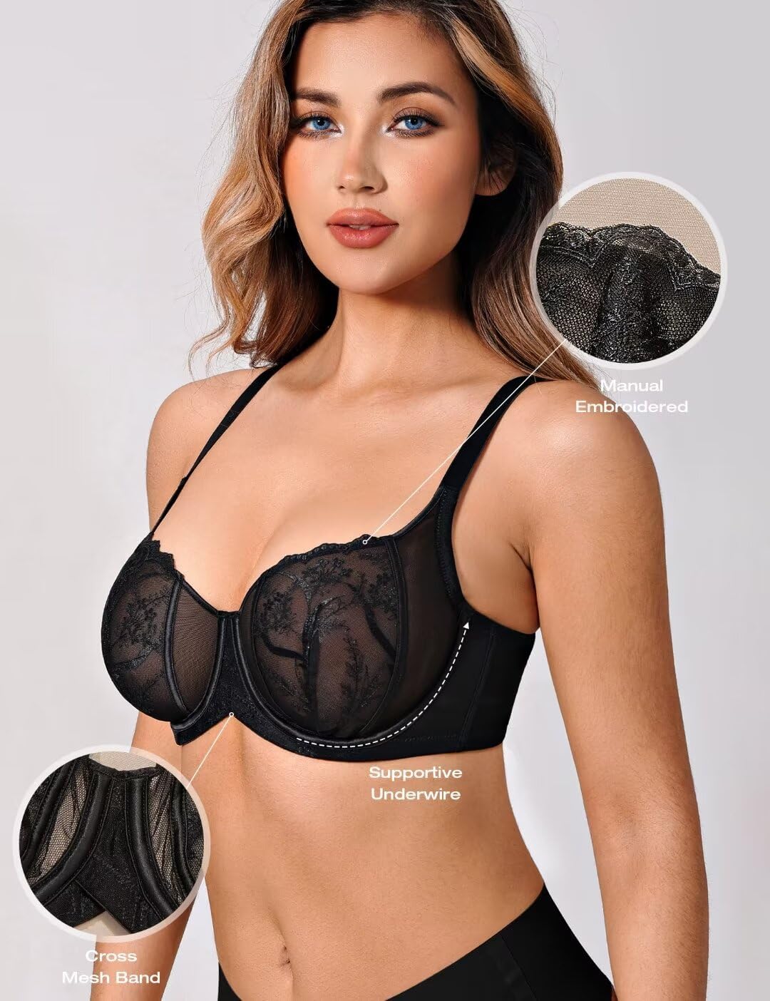 Deyllo Women's Sexy Lace Bra Demi Sheer Mesh Balconette Unlined Bras Underwire - Image 4