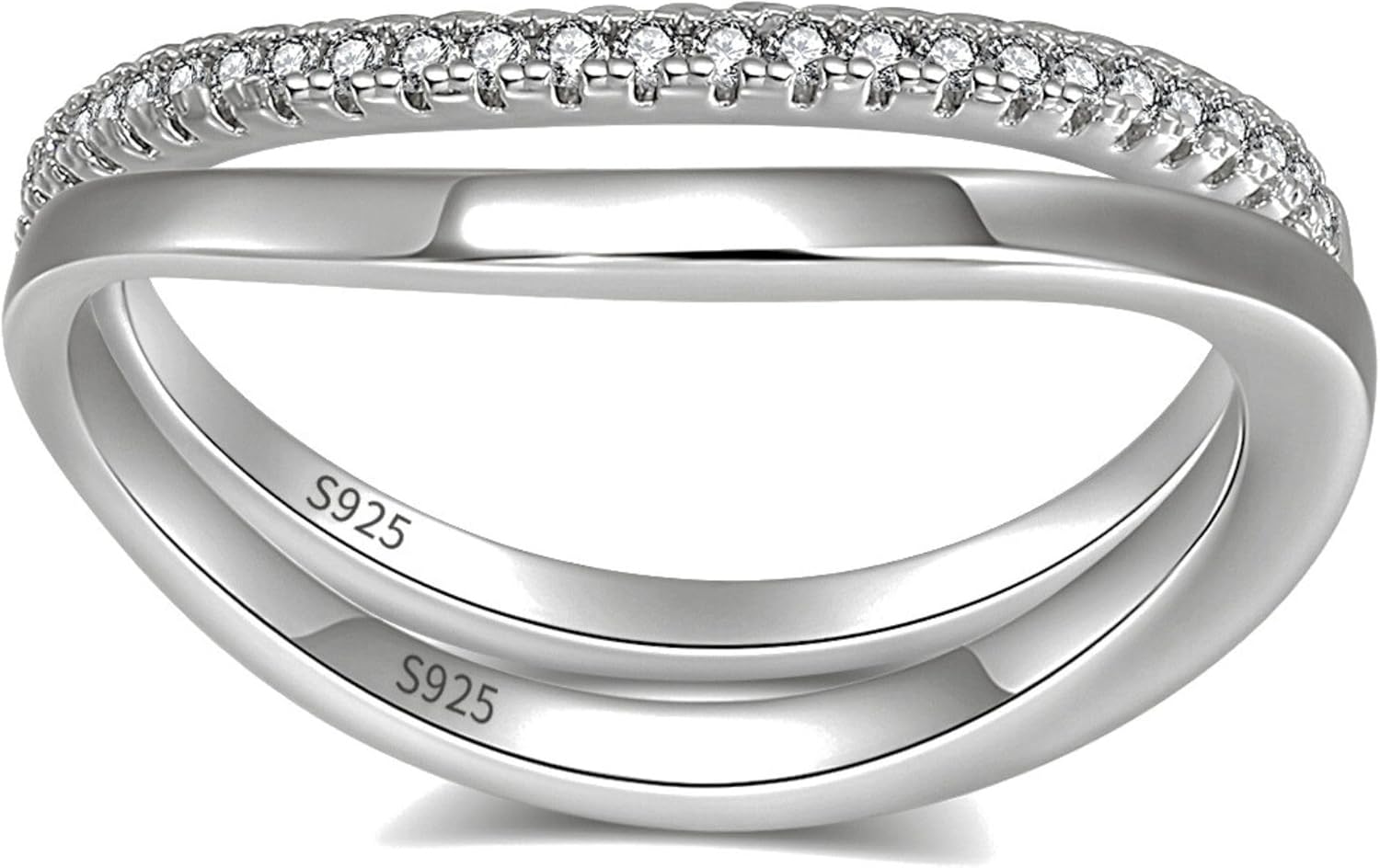 Curved Wedding Band Ring Set for Women by Ginger Lyne | Gold Sterling Silver Cubic Zirconia Stacking Enhancer Rings | Includes Plain and CZ Band for Bridal or Everyday Wear