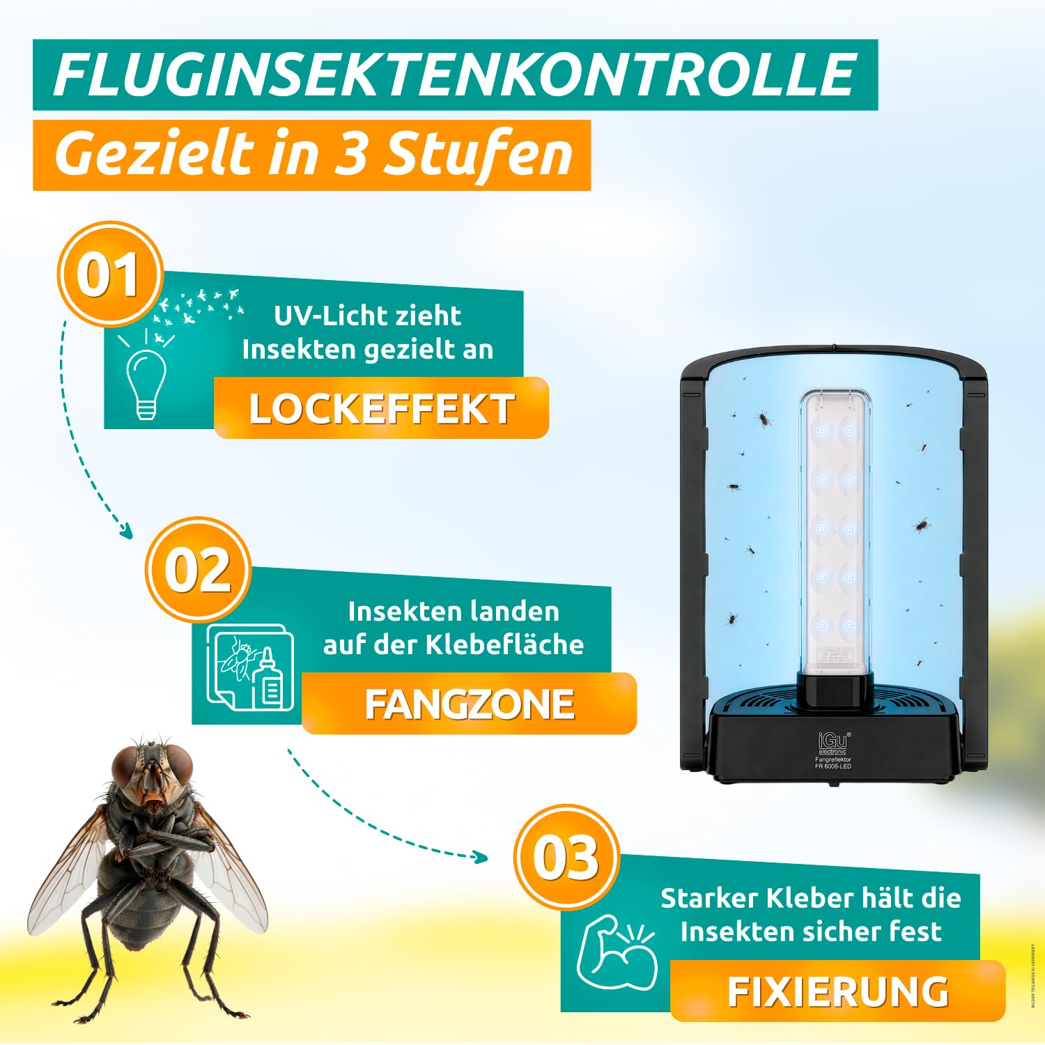 iGu FR 6006 LED UV-Fliegenfalle für Gewerbe, Produktion und Lagerhallen | Professionelles Hochleistungsgerät · elektrische Fliegenfalle mit Klebefolie · Insektenvernichter · geräuschlos · wartungsarm