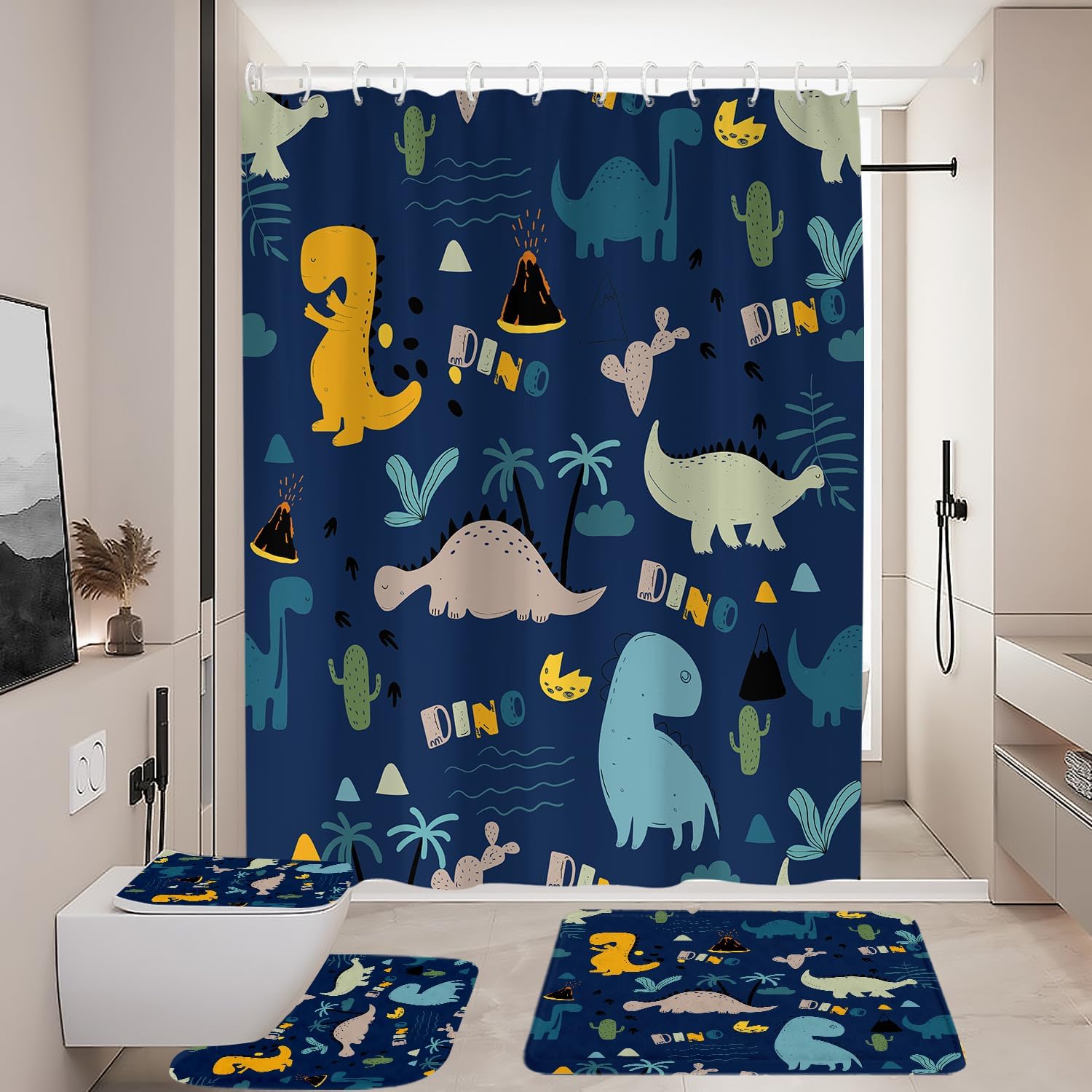 Coxila Kids Dinosaur Shower Curtain Set Boys Toddler Funny Blue Navy Cute Cartoon Children Anime Animal Toilet Lid Cover U Shaped Bath Mat 4 Pcs Decor Bathroom Non-Slip Rug Fabric Polyester 60x72 Inch