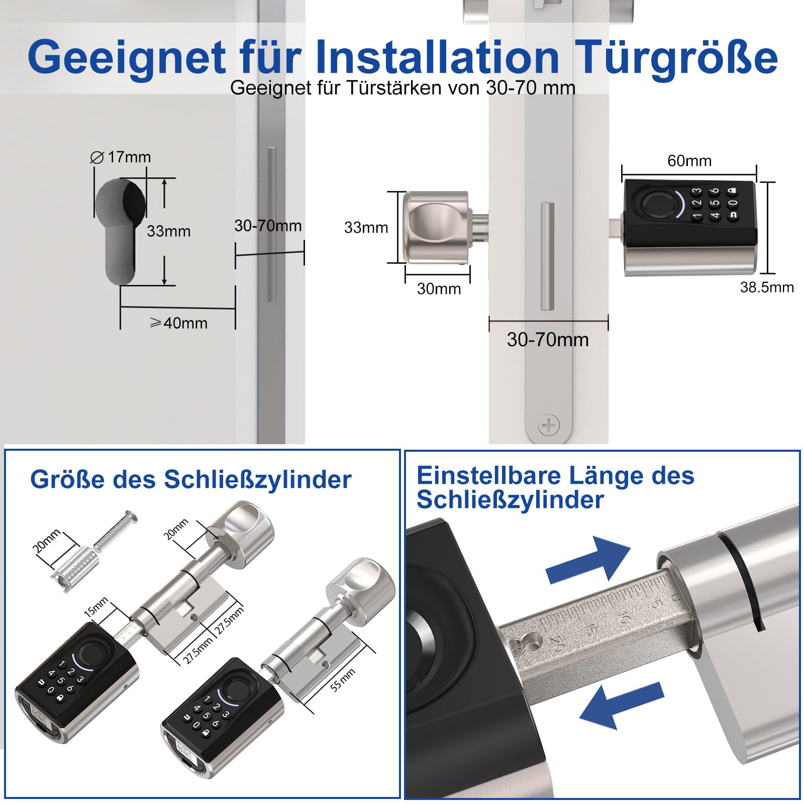 WELOCK Türschloss Fingerabdruck ToucA51,Elektronisches Türschloss Code,mit RFID Karte,APP,WiFi,Fingerabdruck Schloss Haustür IP65,Smartes Türschloss,Schließzylinder für Türen von 30-70mm,Smart Lock