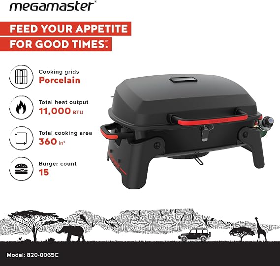 Megamaster 1-Burner Portable Gas Grill with Locking Lid, 11,000 BTU Stainless Steel Burner, Foldable Legs, Small Propane Grill for Outdoor Cooking, Camping, BBQs, Patios, and Gardens - 820-0065C