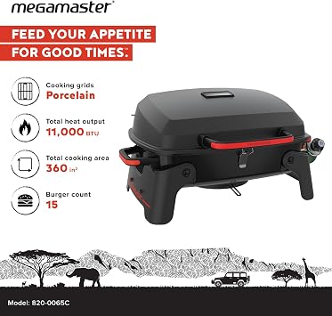 Megamaster 1-Burner Portable Gas Grill with Locking Lid, 11,000 BTU Stainless Steel Burner, Foldable Legs, Small Propane Grill for Outdoor Cooking, Camping, BBQs, Patios, and Gardens - 820-0065C