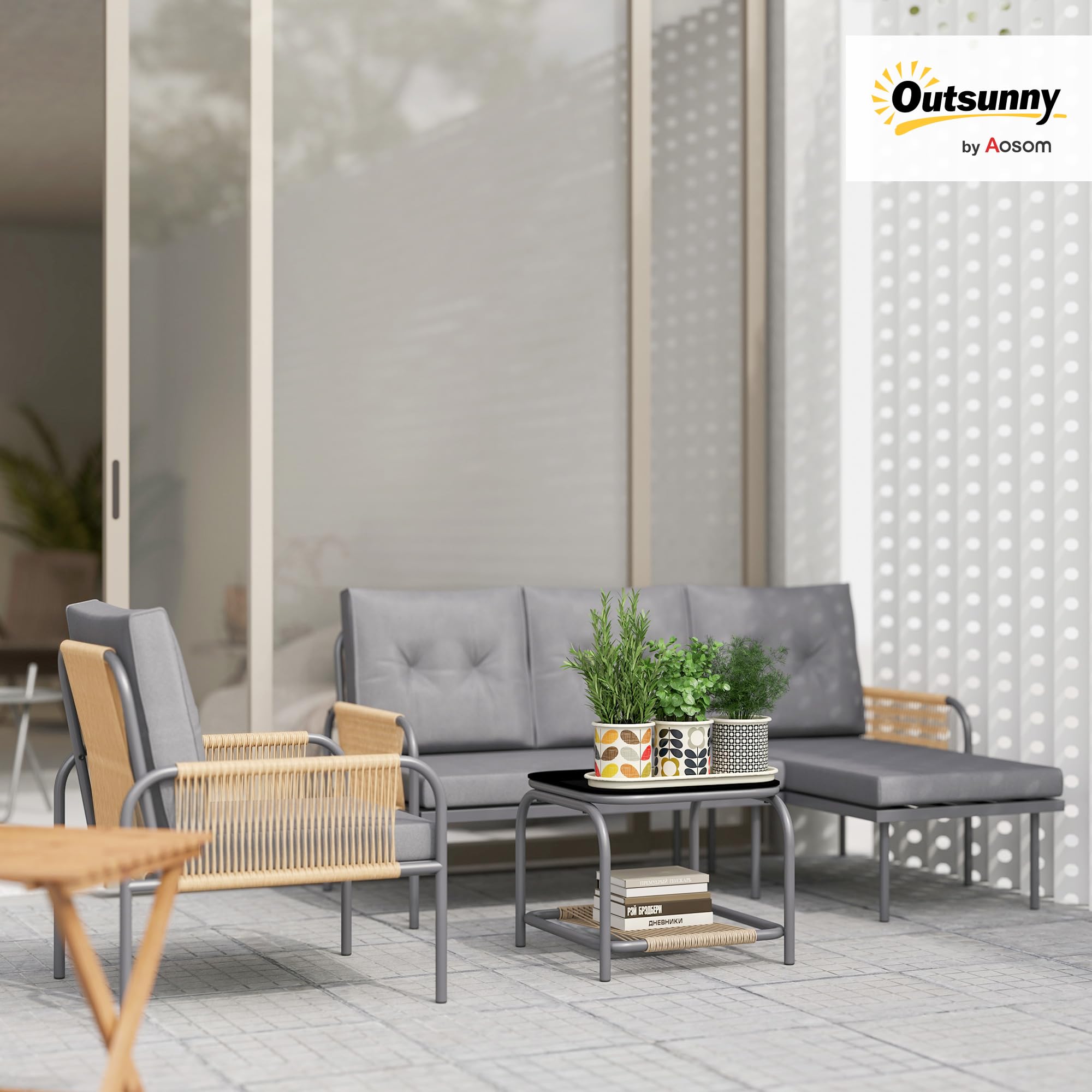 Outsunny Set di Mobili da Giardino in Rattan 4 Pezzi, Salotto da Esterno con Divanetto 2 Posti, Poltrona, Chaise Longue con Cuscini Lavabili e Tavolino in Vetro, Set Giardino Esterno, Grigio Scuro