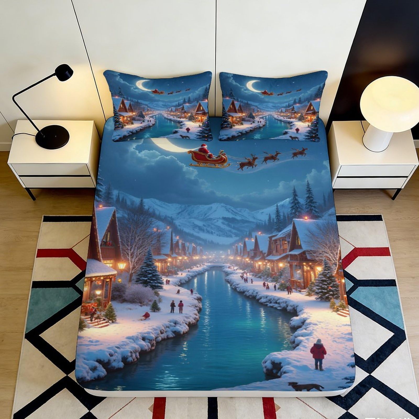 3D Printed Christmas Snow Village Fitted Sheet Microfiber Soft Santa Sleigh Mattress Cover for Bedroom Guestroom Decor 90x200x25cm