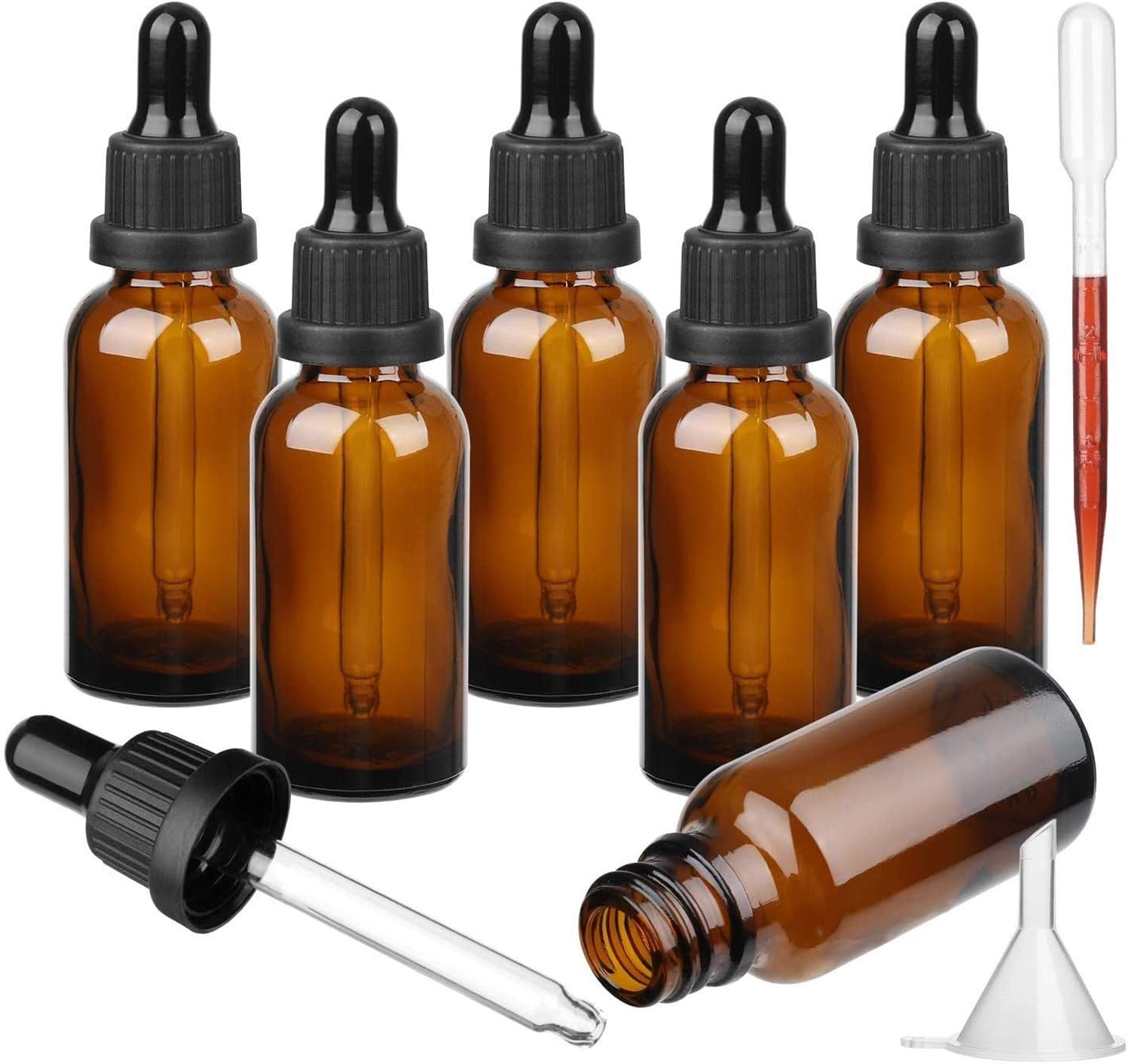 Amber Refillable Empty Glass Bottles with Dropper for Essential Oils Aromatherapy Blends Perfume (30ml / 1oz) - 6 Pieces
