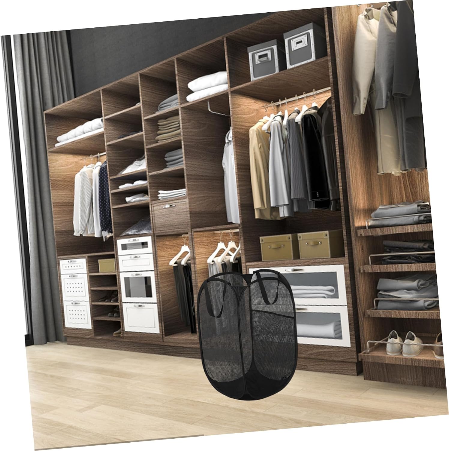 ERINGOGO Clothes Basket Handles Mesh Laundry Hamper Decorative Laundry Room Basket Collapsible Black 36x36x58cm