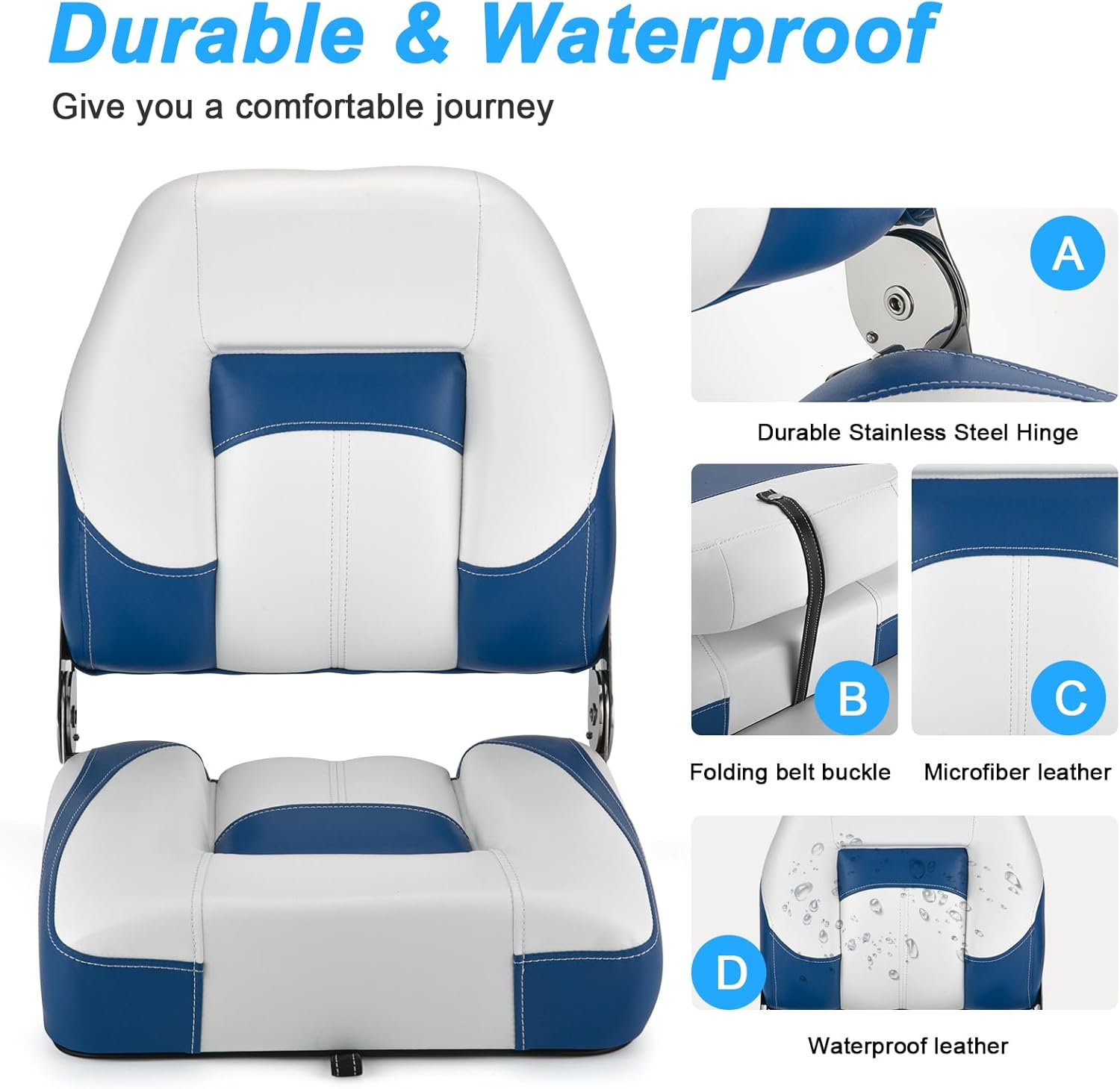 Folding Boat Seats Low Back 2 Pack, Waterproof Fishing Boat Captain Chairs, Stainless Steel Hinges and Microfibre Leather Includes 4 Stainless Steel Screws, White and Blue
